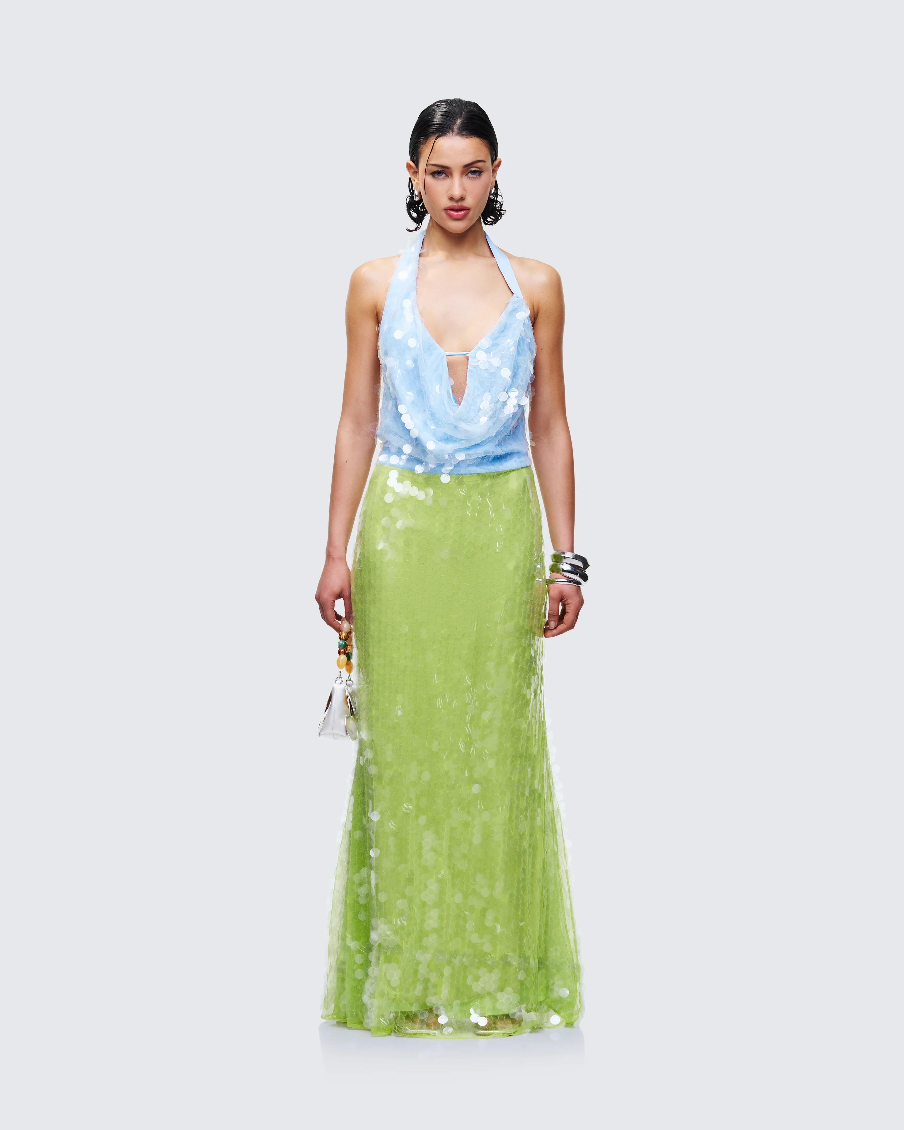 Zelda Blue Sequin Cowl Neck Maxi Dress