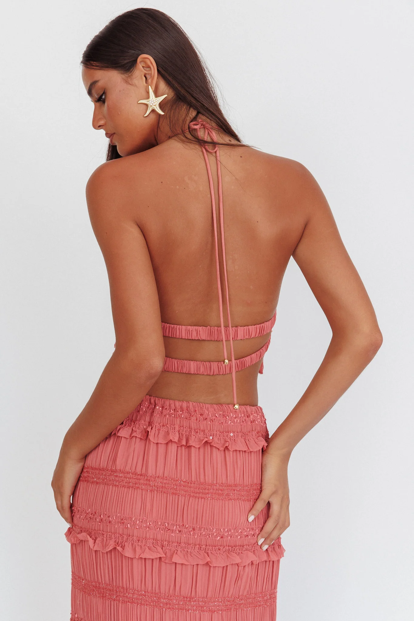 Helios Halterneck Shirred Sequin Top Rose