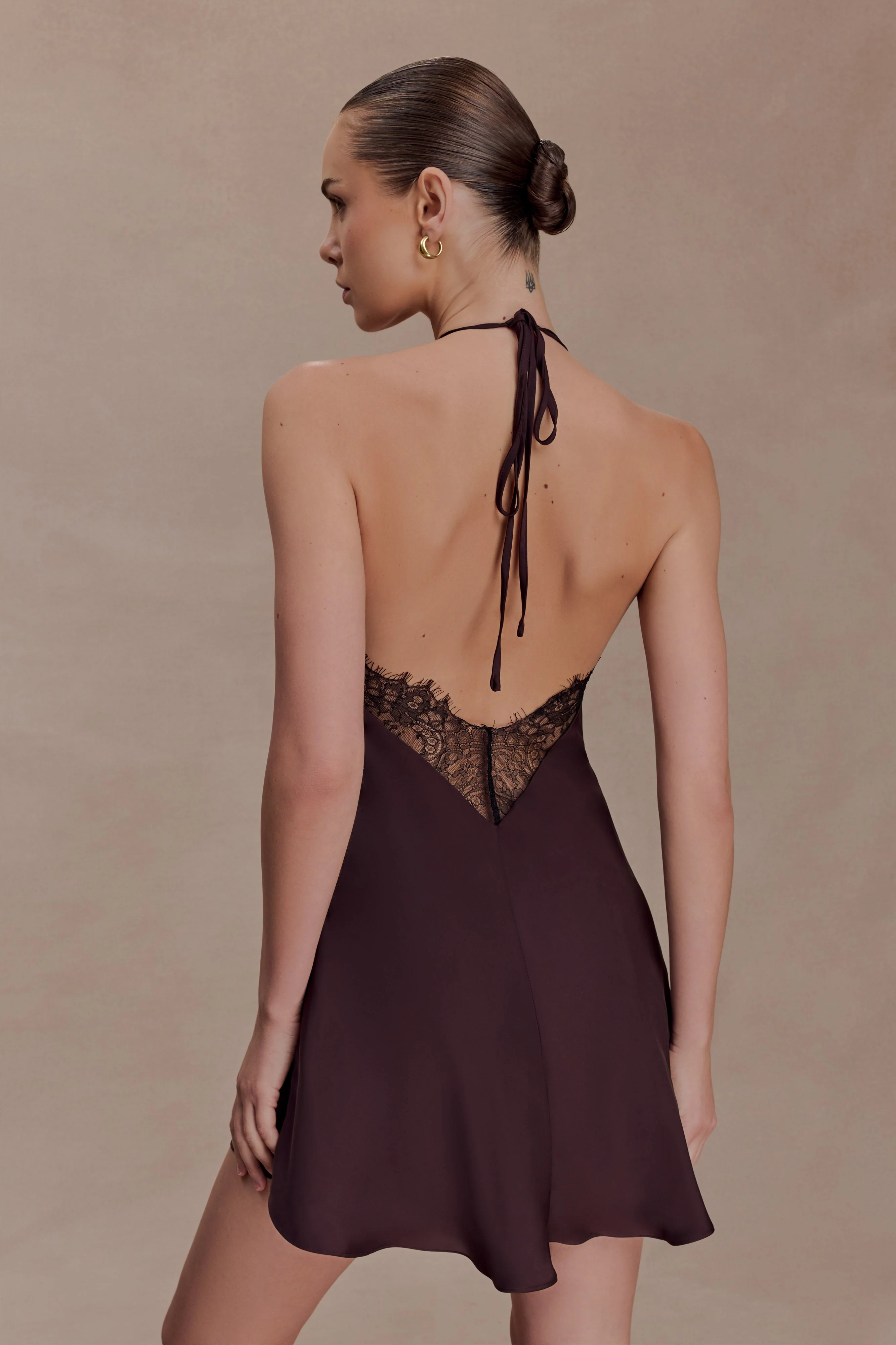 Regina Halter Lace And Satin Mini Dress - Chocolate