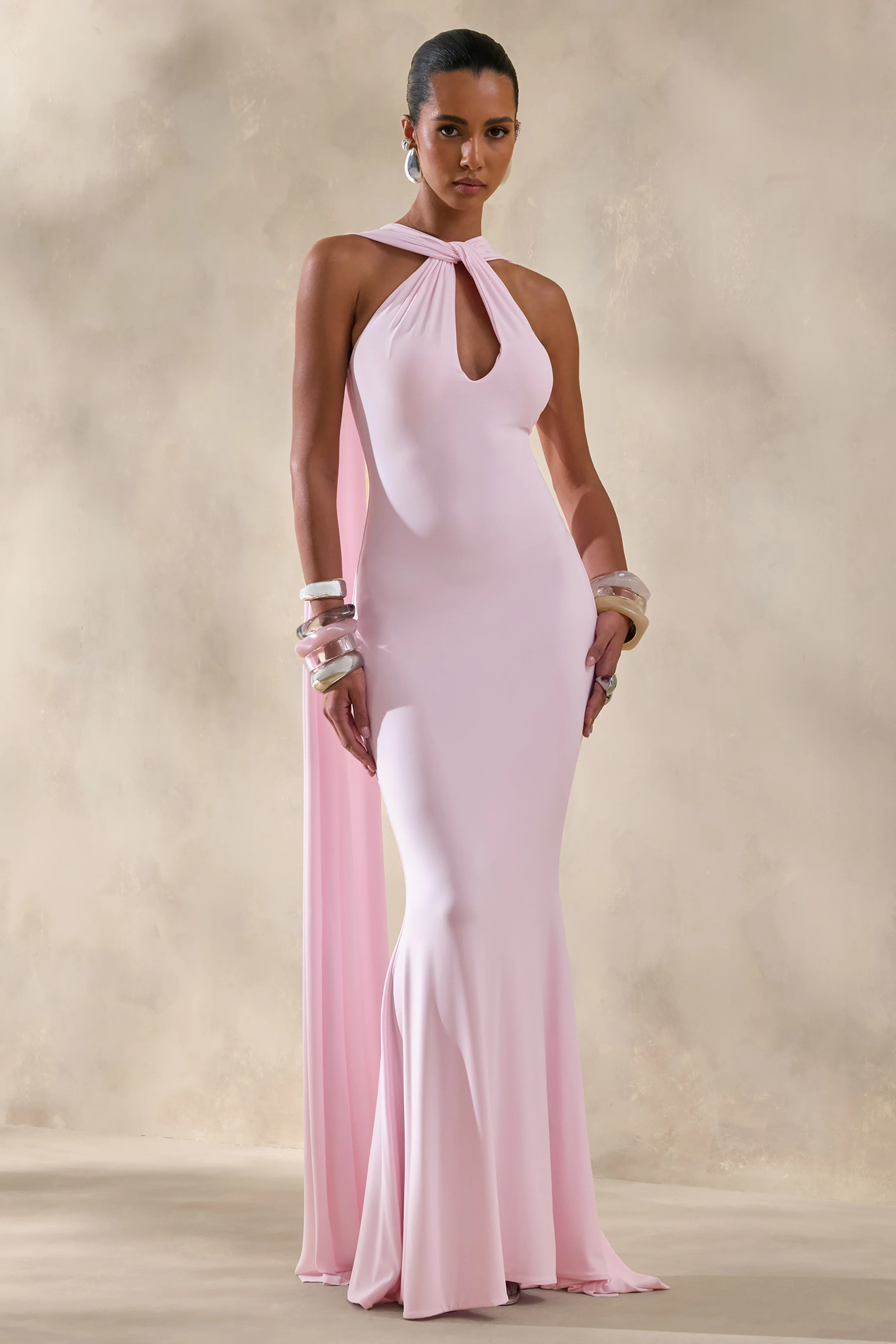 Rhoda | Light Pink Twist Halter-Neck Cape Maxi Dress