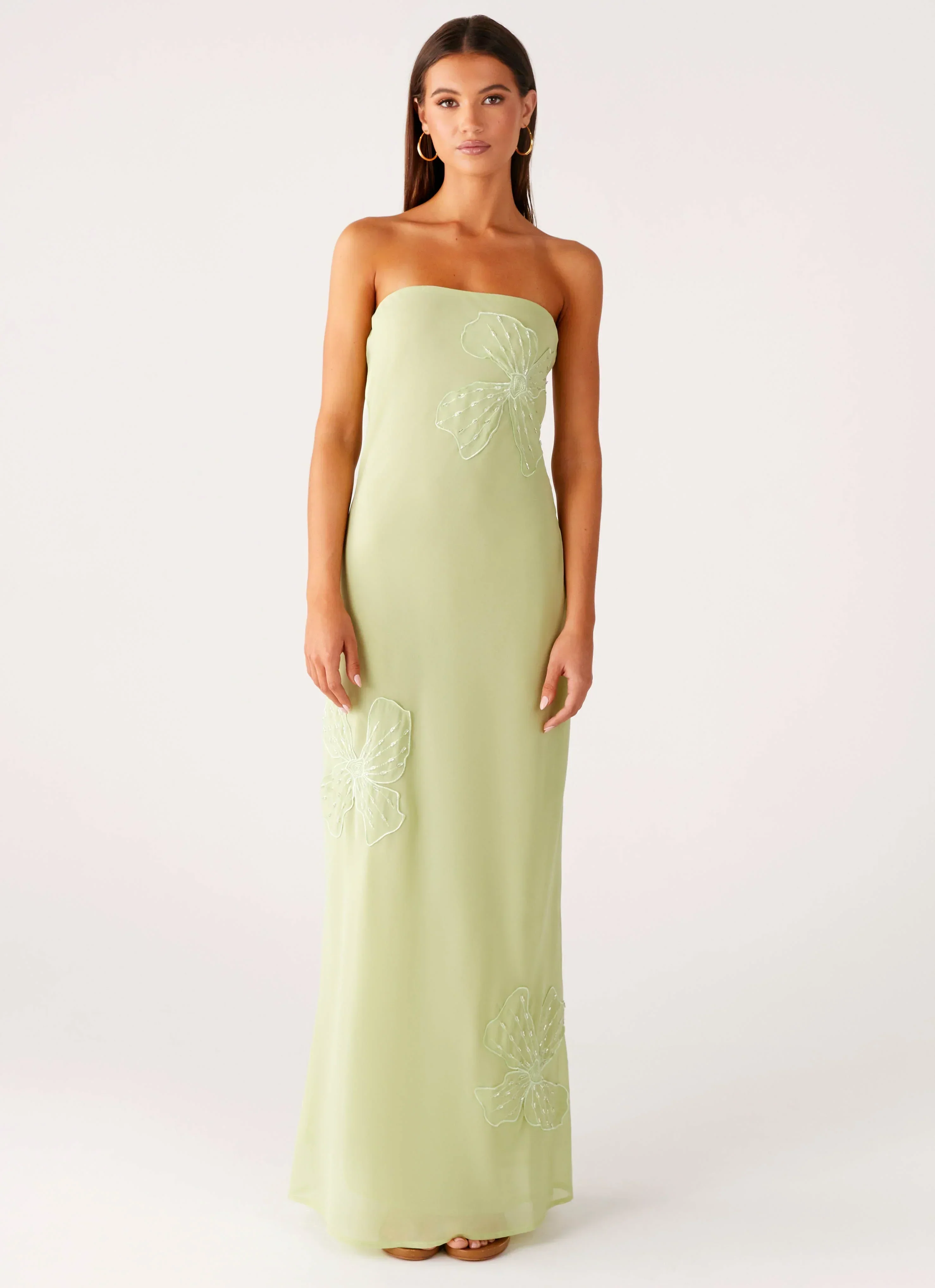 Sassafras Beaded Flower Strapless Maxi Dress - Lime
