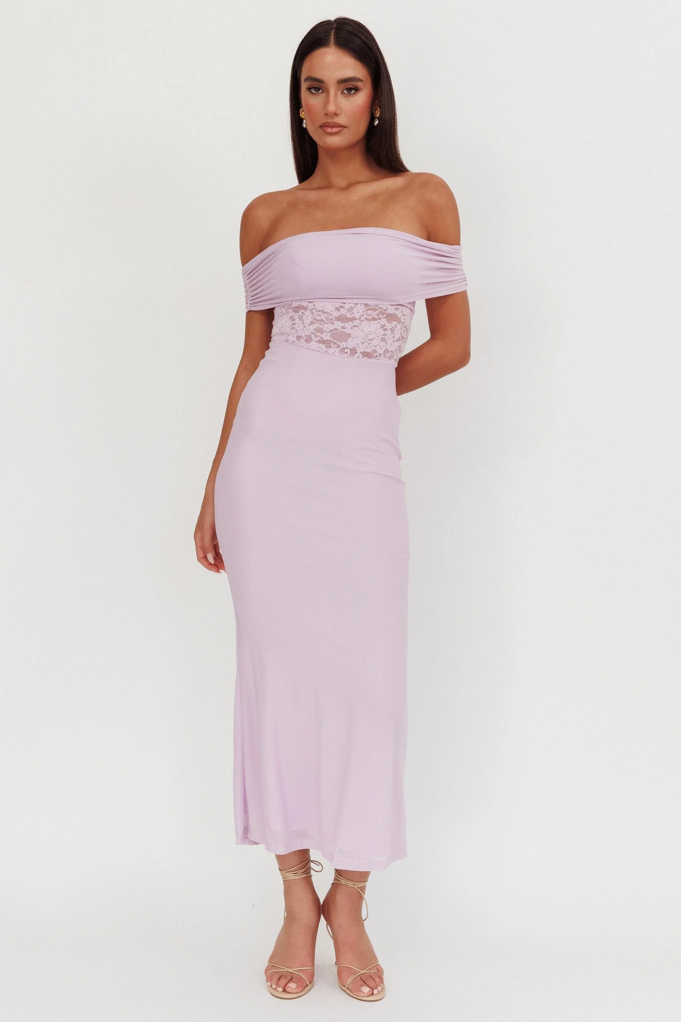 Flutters Off-Shoulder Lace Insert Maxi Dress Lilac - luluinthesky