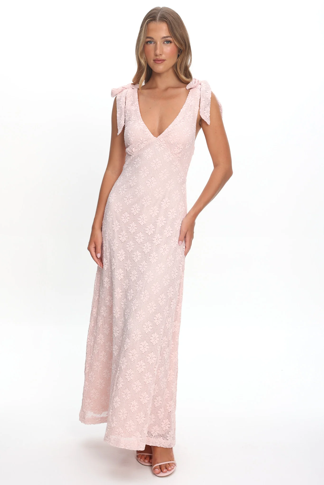 Mykonos Morning Tied Shoulder Maxi Dress Crochet Pink