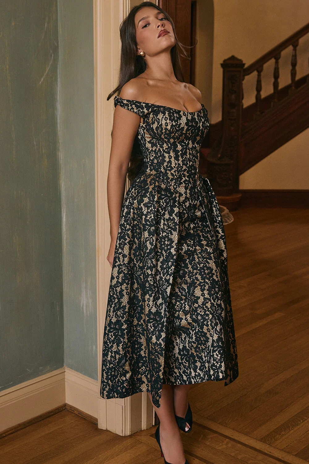 Black Gold Lace Off Shoulder Midi Gown