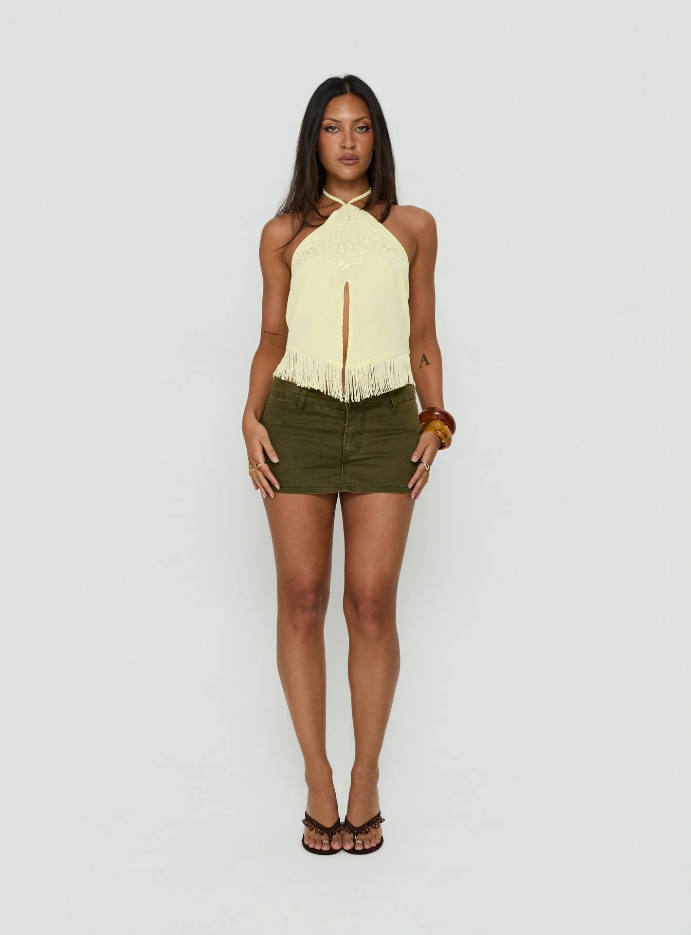 Junaya Arrowneck Fringe Detail Top Lemon