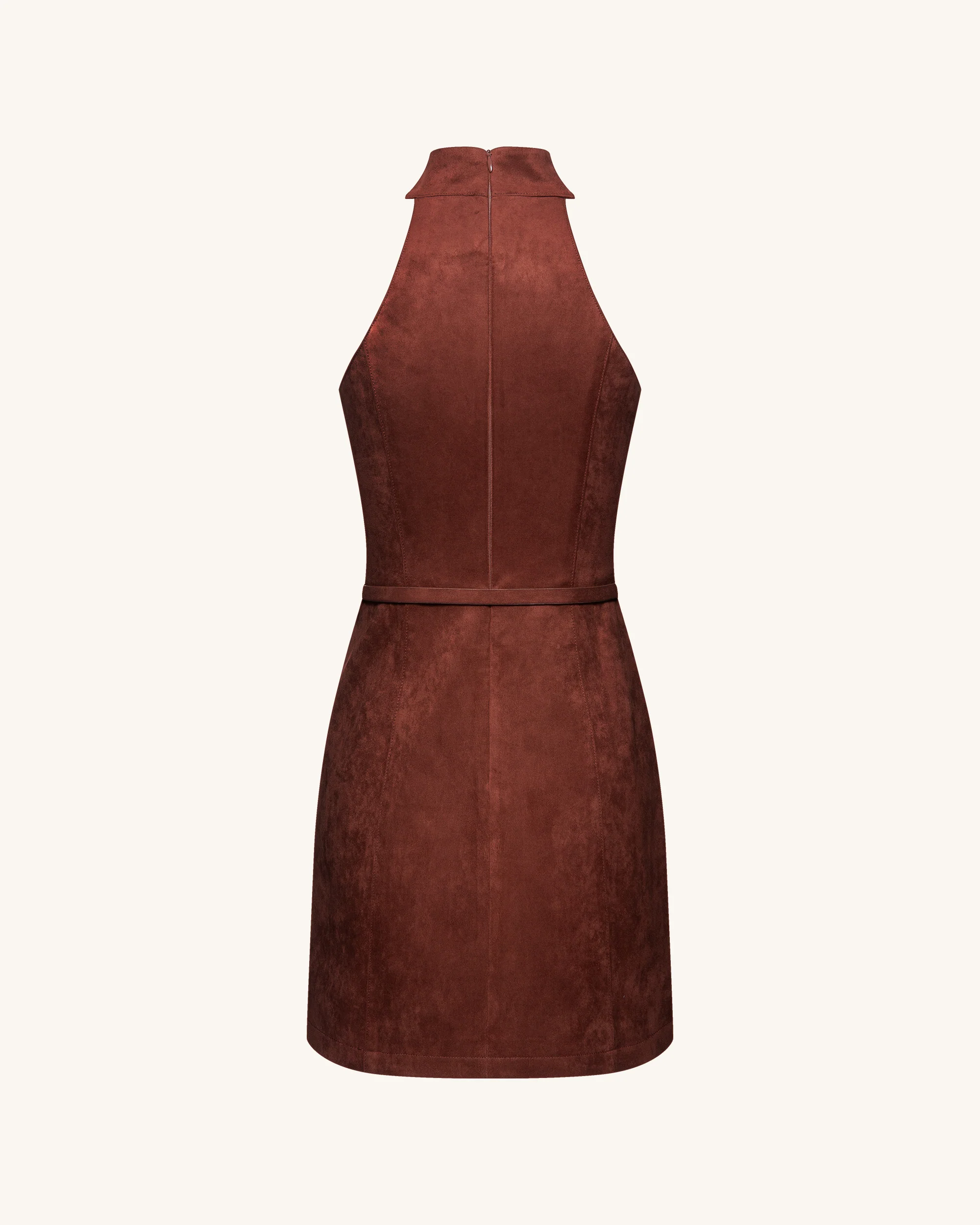 Faux Suede Halter Neck Zip-Front Mini Dress - Burgundy - FASHION NOB