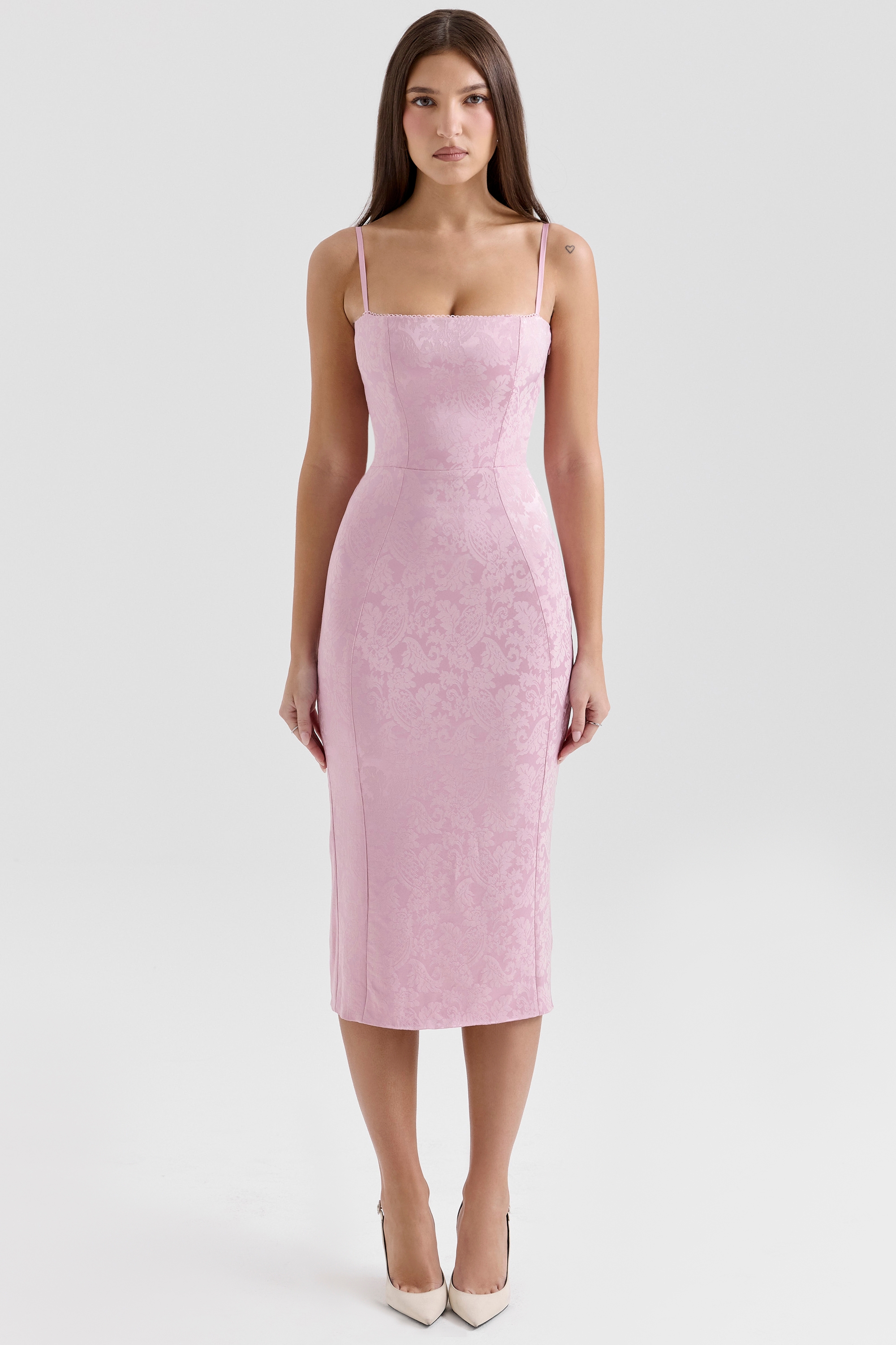 Pink Jacquard Lace Up Bodycon Midi Dress