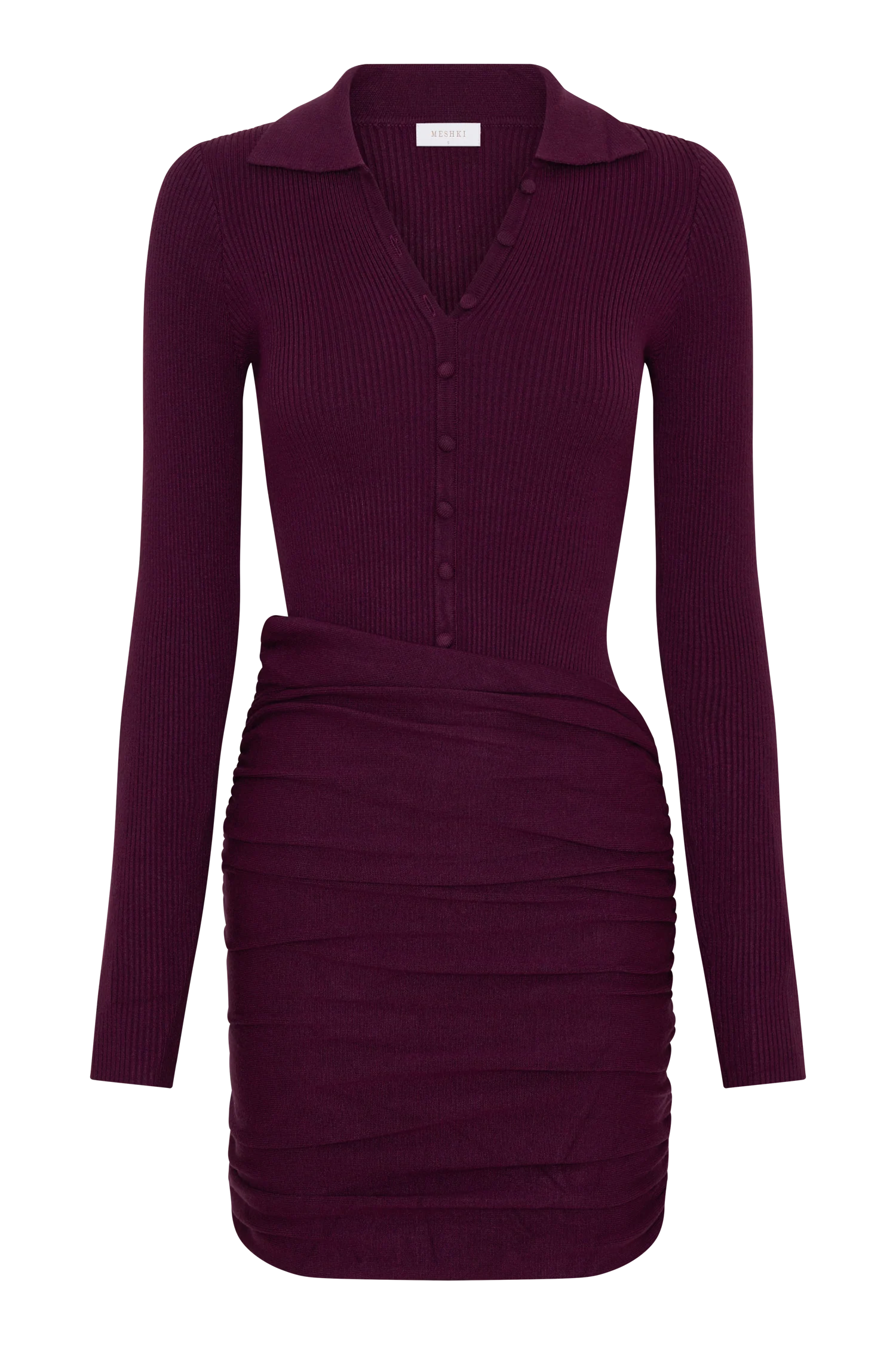 Agness Long Sleeve Button Up Knit Dress - Plum