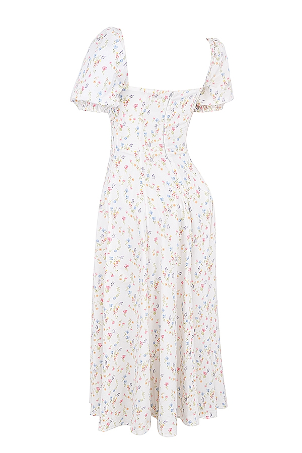 White Posy Print Cotton Puff Sleeve Midi Sundress