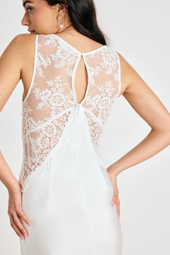 Deloise White Satin Lace Slip Midi Dress