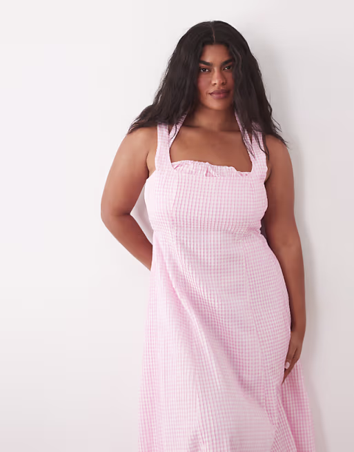 Curve square neck maxi sundress with peekaboo bust in pink gingham
