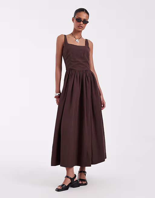 & Other Stories corset detail midi dress with puff skirt in brown