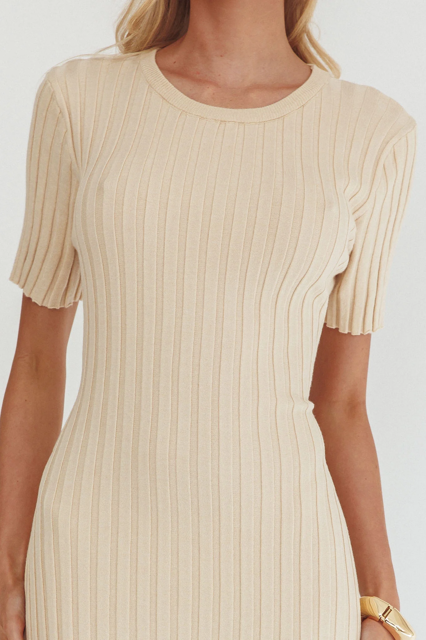 Faylen Waist Tie Ribbed Knit Maxi Dress Cream