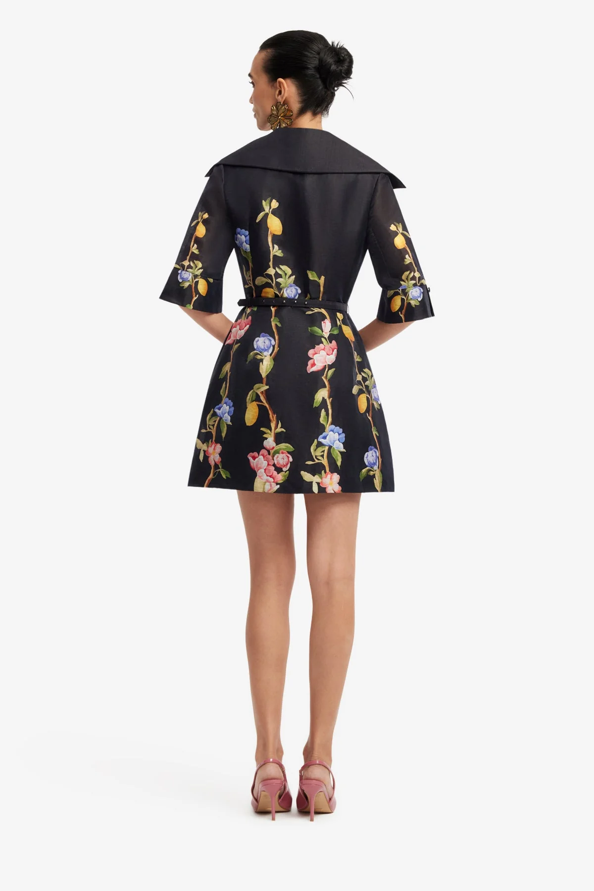 Genevieve Sleeve Mini Dress - Lemon Vine Print in Ebony