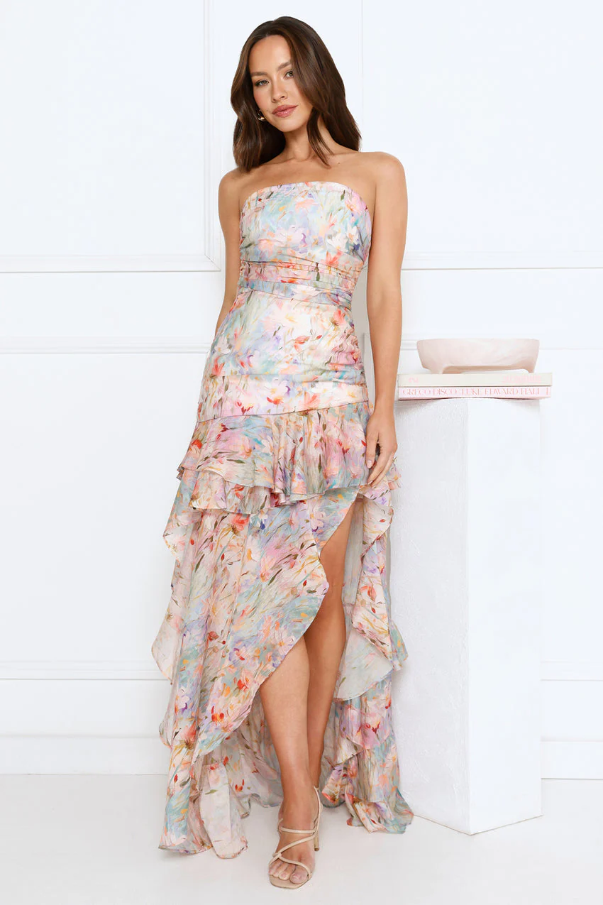 Secret Garden Chic Strapless Maxi Dress Print - luluinthesky
