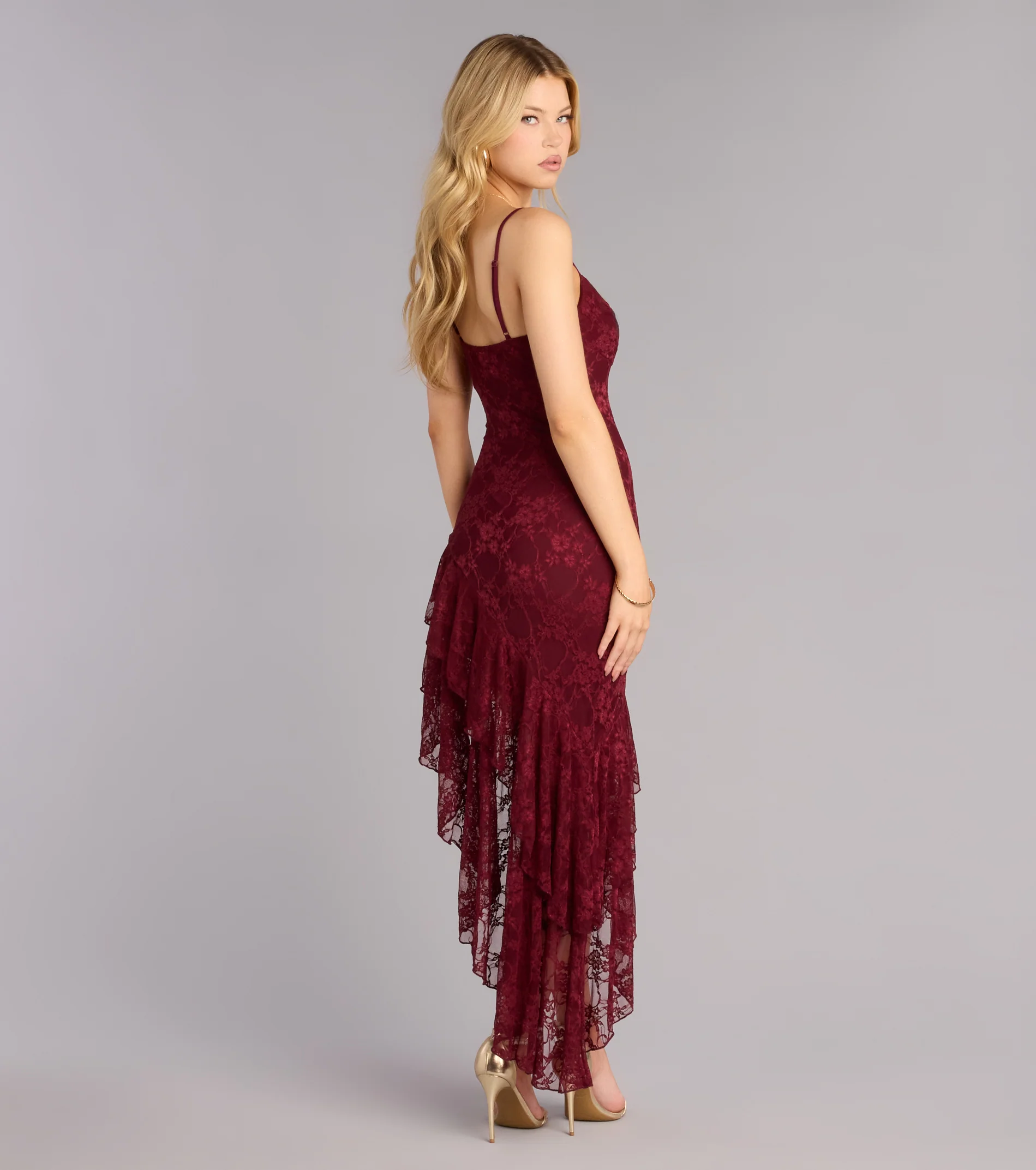 RSVP Ready Lace Asymmetric Ruffle Midi Dress