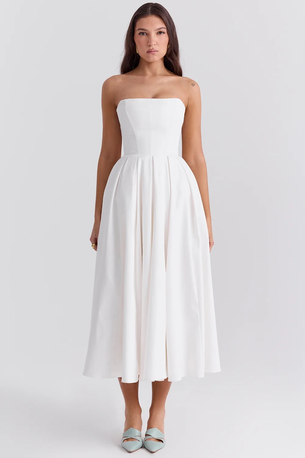 white strapless midi sundress