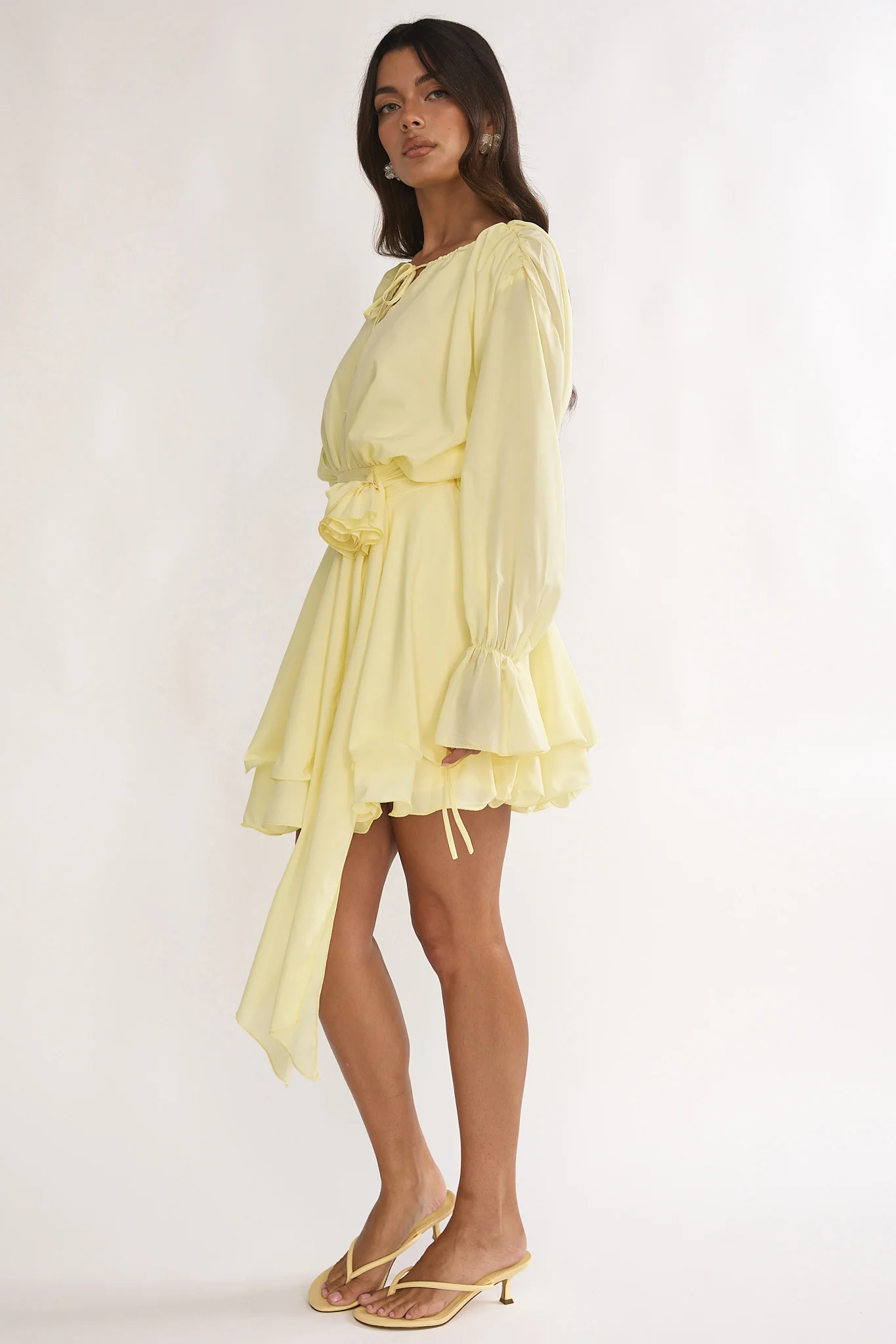Maeva Long Balloon Sleeve Rosette Mini Dress Lemon - luluinthesky