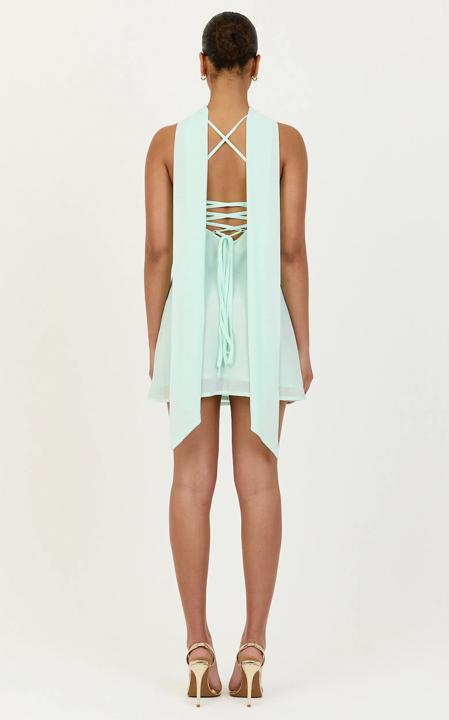 Arin Mini Dress - Satin Contrast Dress With Draped Neck Scarf in Mint
