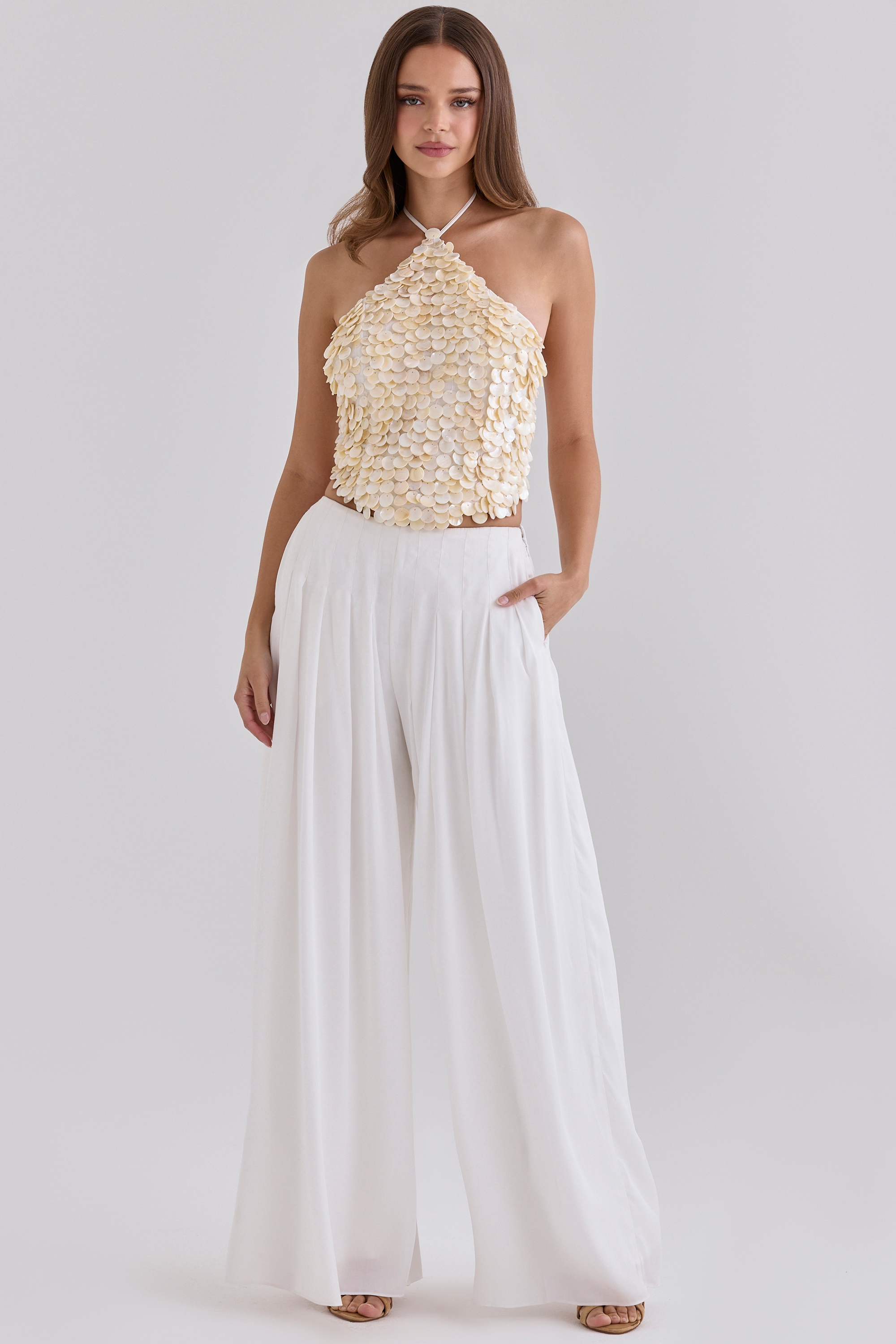 White Sateen Pleated Wide Leg Trousers