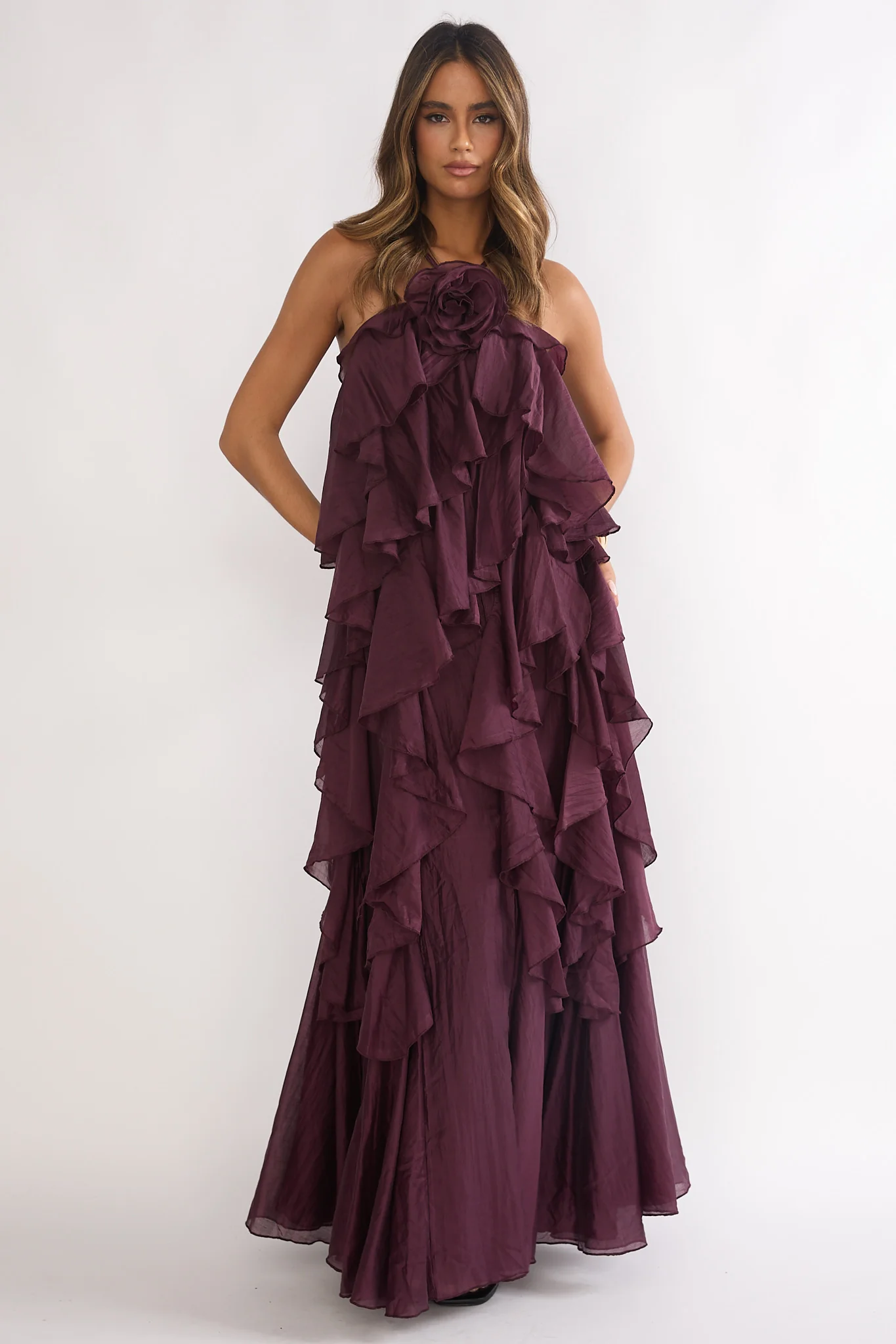 Secret Rendezvous Layered Ruffle Maxi Dress Maroon