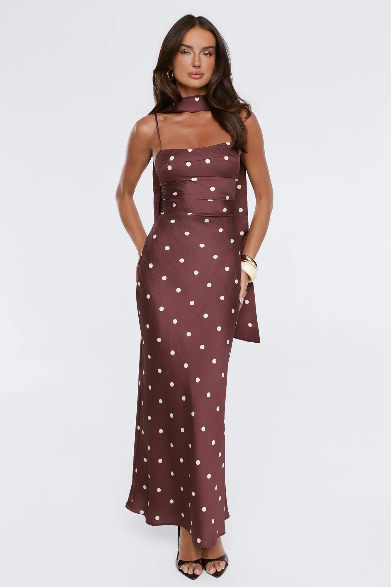 Bloom Star Polka Dot Satin Strapless Maxi Dress Brown