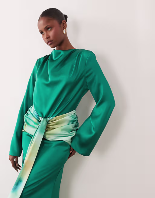 Daska satin drape maxi dress with contrast tie detail in green