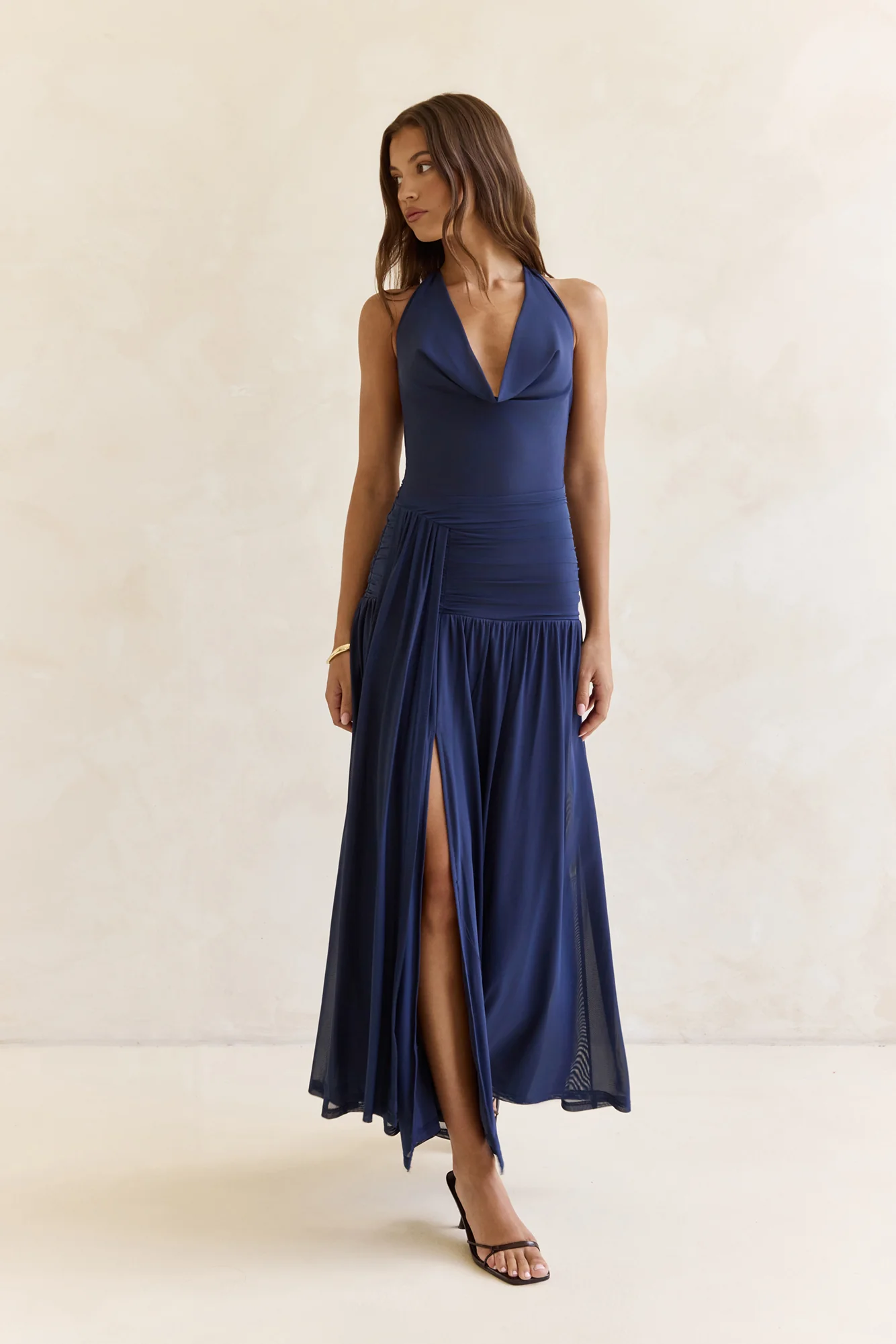 Dancing Skies Mesh Halter Maxi Dress Navy - luluinthesky