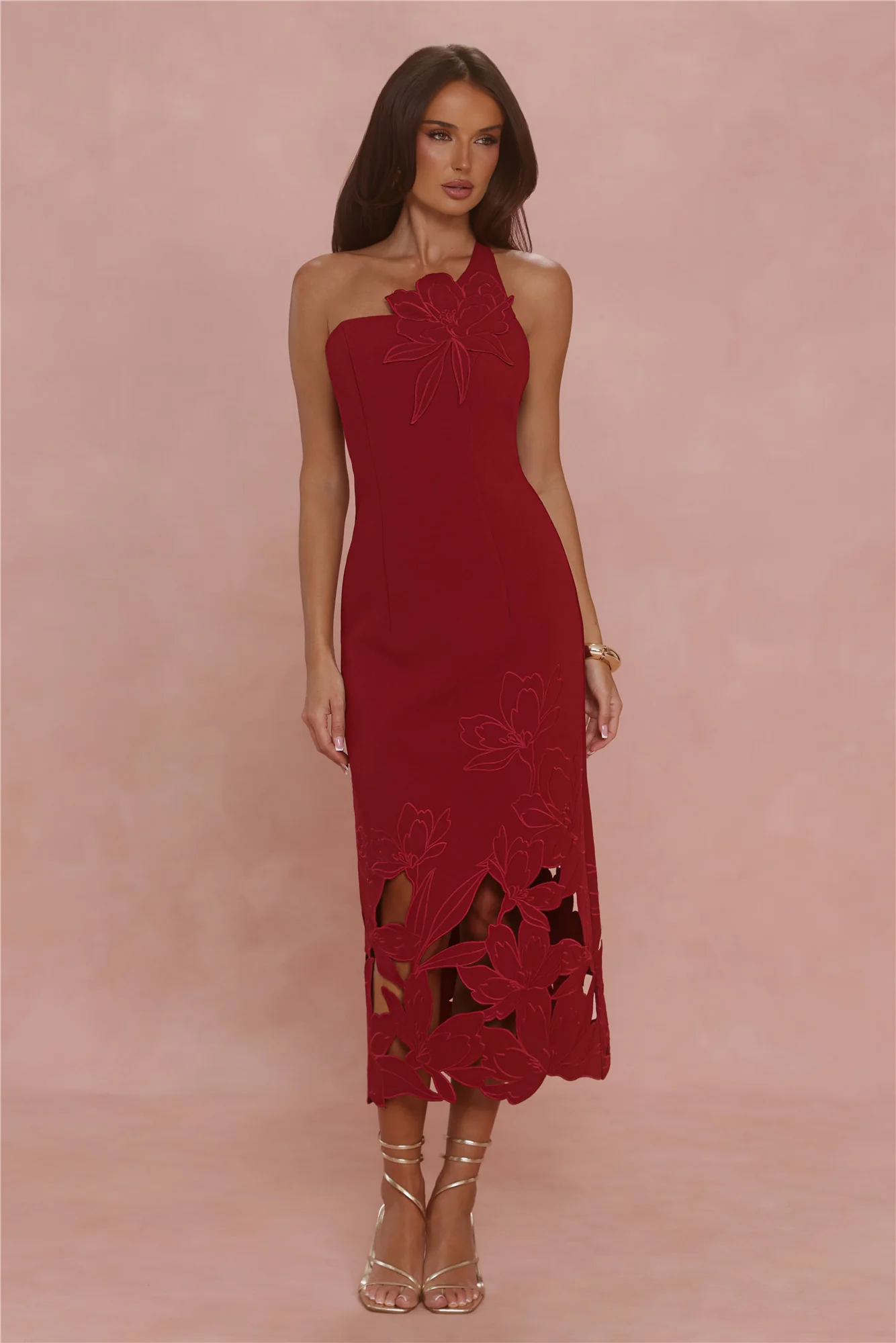 Style Expression One Shoulder Embroidered Midi Dress Deep Cherry Red