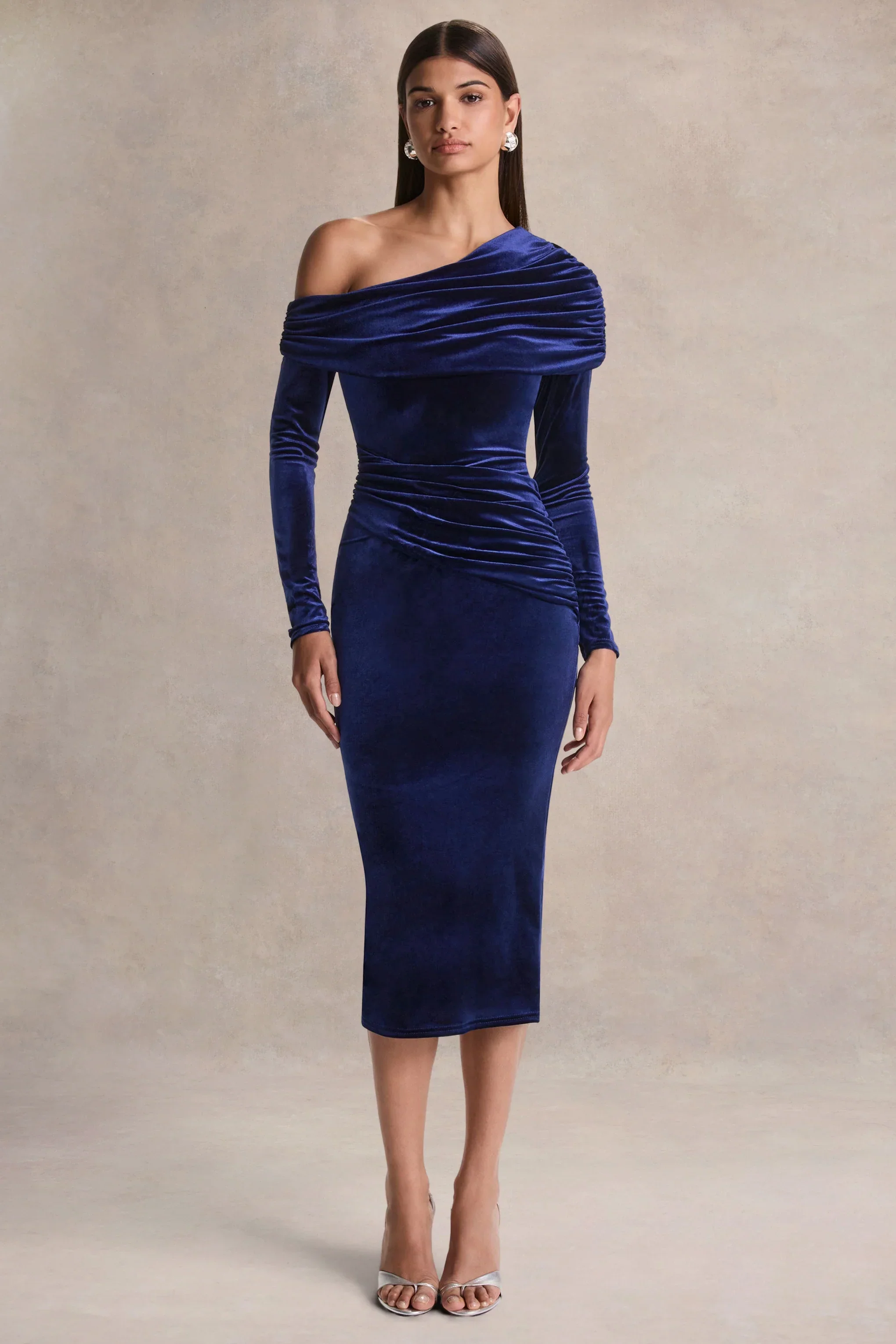 Eirene | Blue Velvet Asymmetric-Neck Midi Dress
