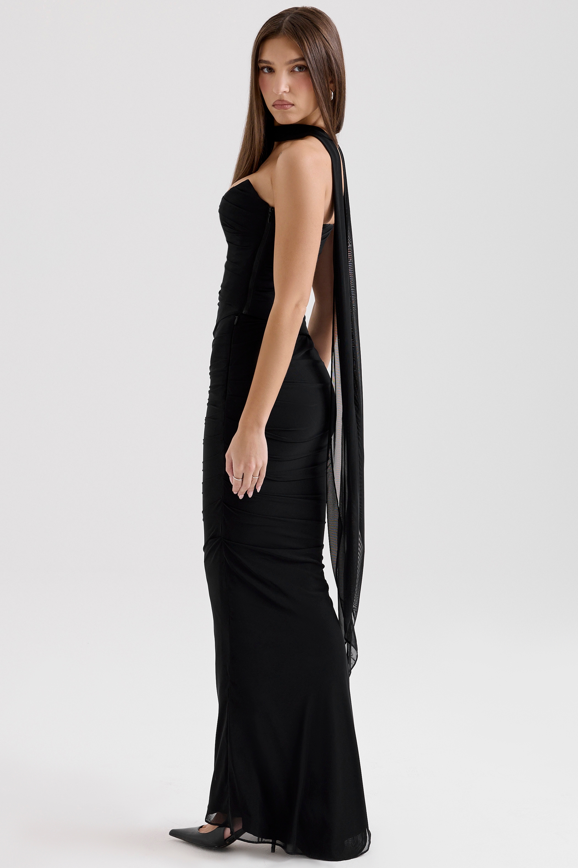 Black Mesh Maxi Skirt With Fluted Hem