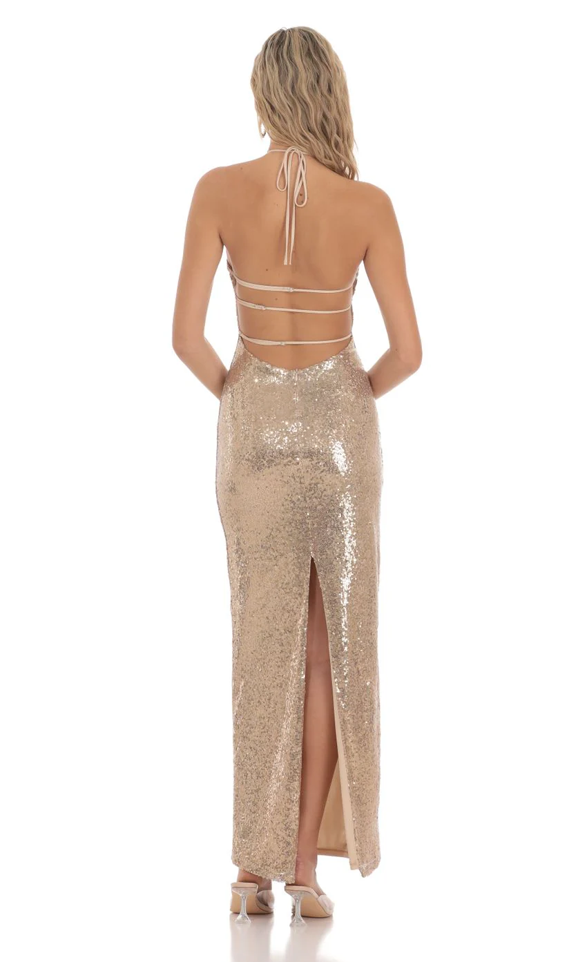 Sequin Halter Maxi Dress in Gold - luluinthesky