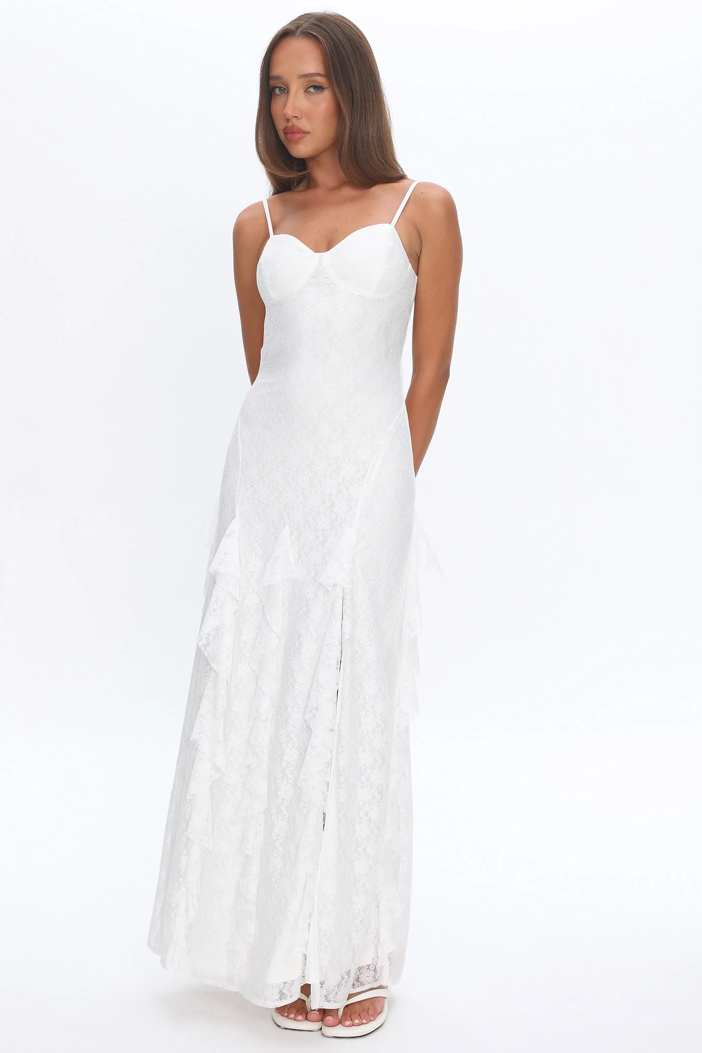 Onique Lace-Up Back Split Maxi Dress Lace White - luluinthesky