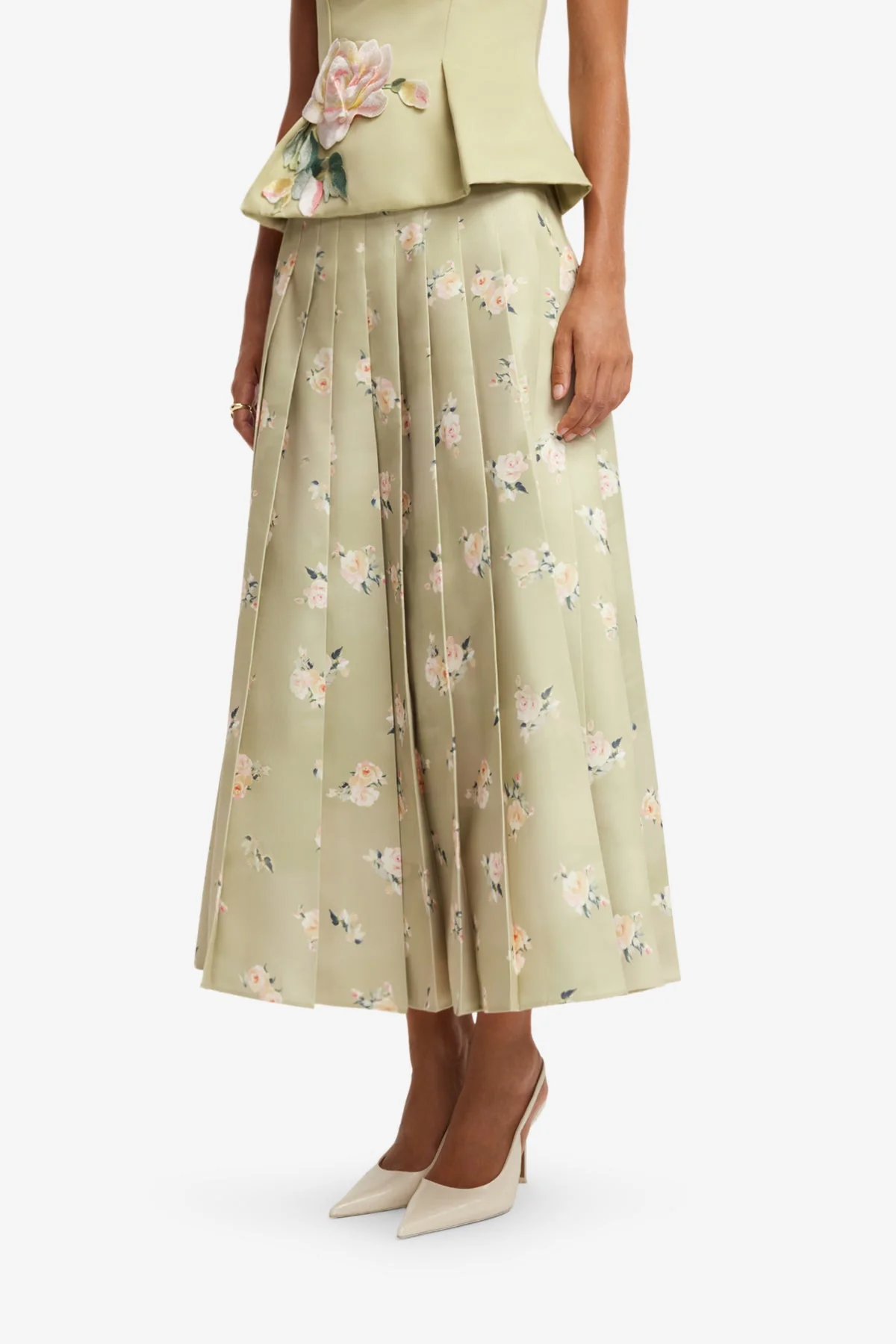 June Pleated Maxi Skirt - Pistachio Rose Print