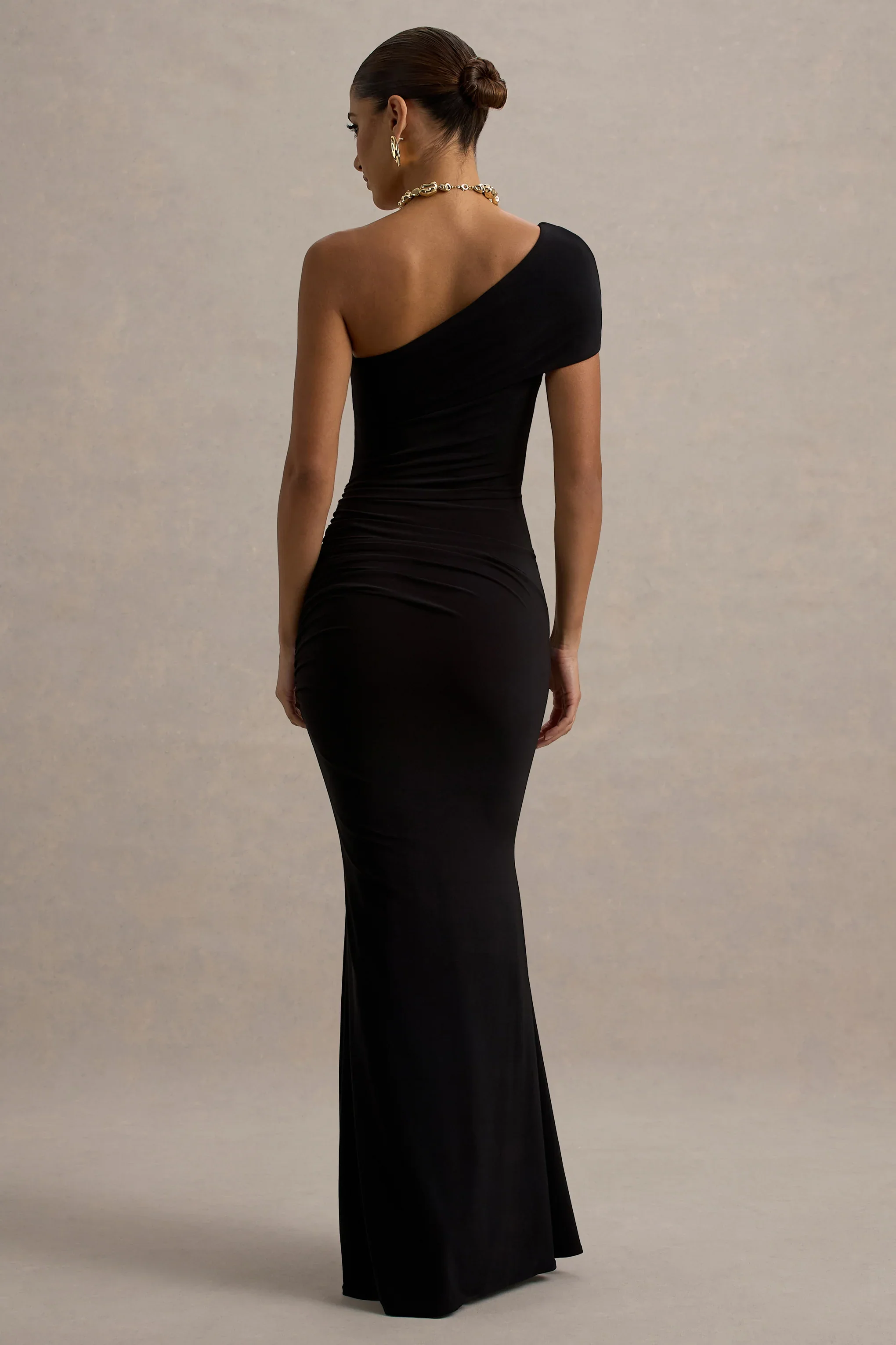 Alethea | Black Asymmetric Bardot Maxi Dress