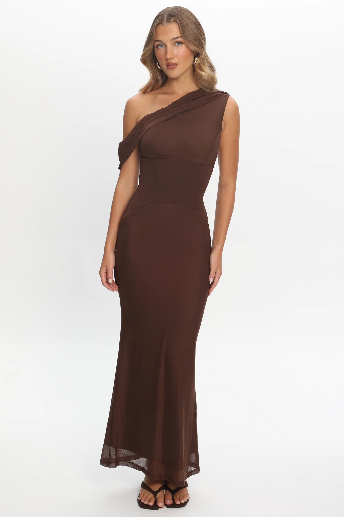 Milos Asymmetric Neckline Maxi Dress Chocolate