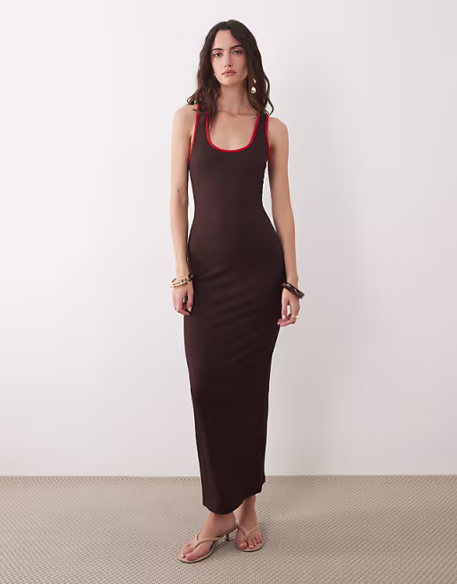 racer neck bodycon midaxi dress in brown with red tipping