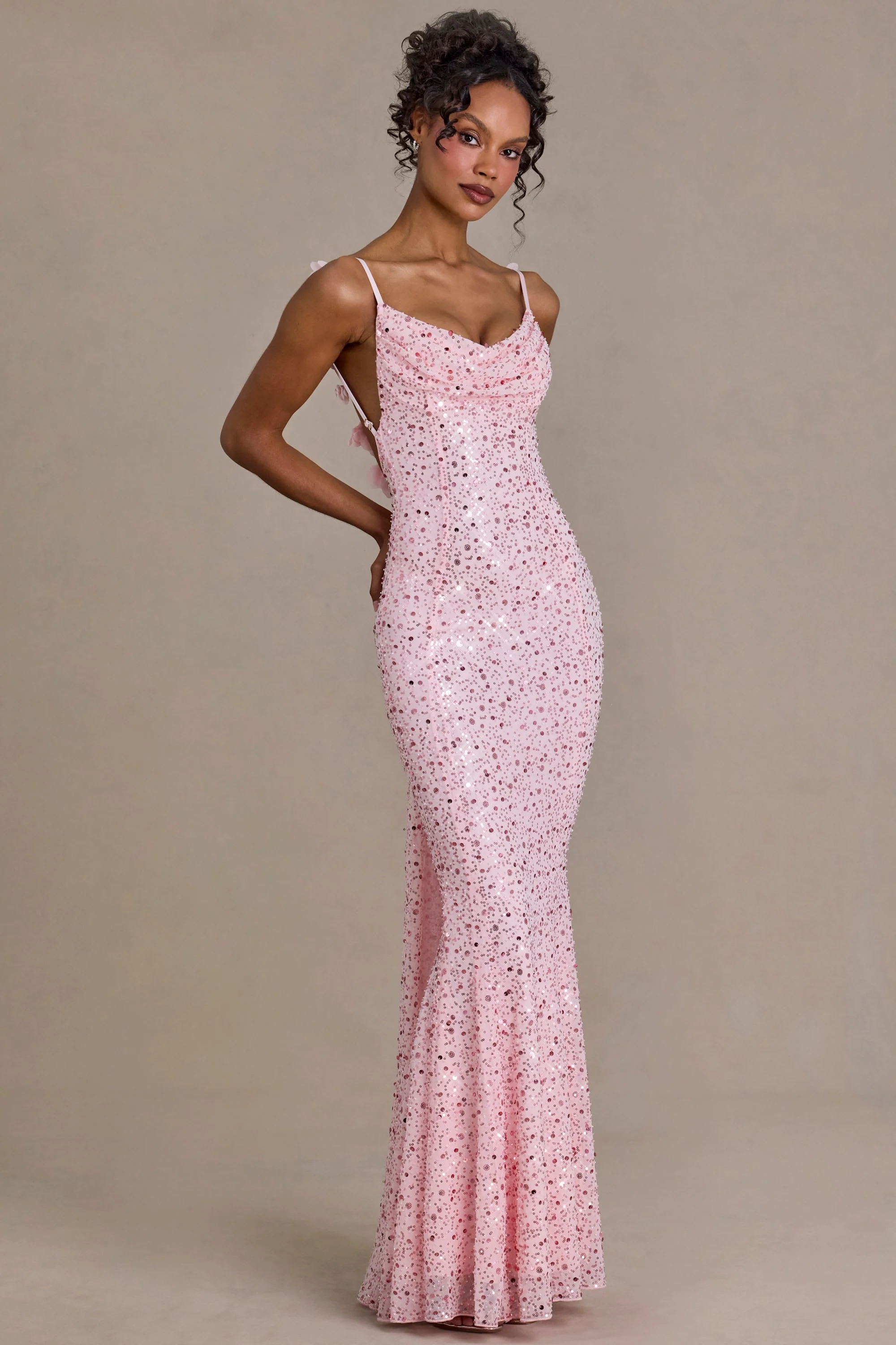 Embellished Open-Back Maxi Dress in Baby Pink