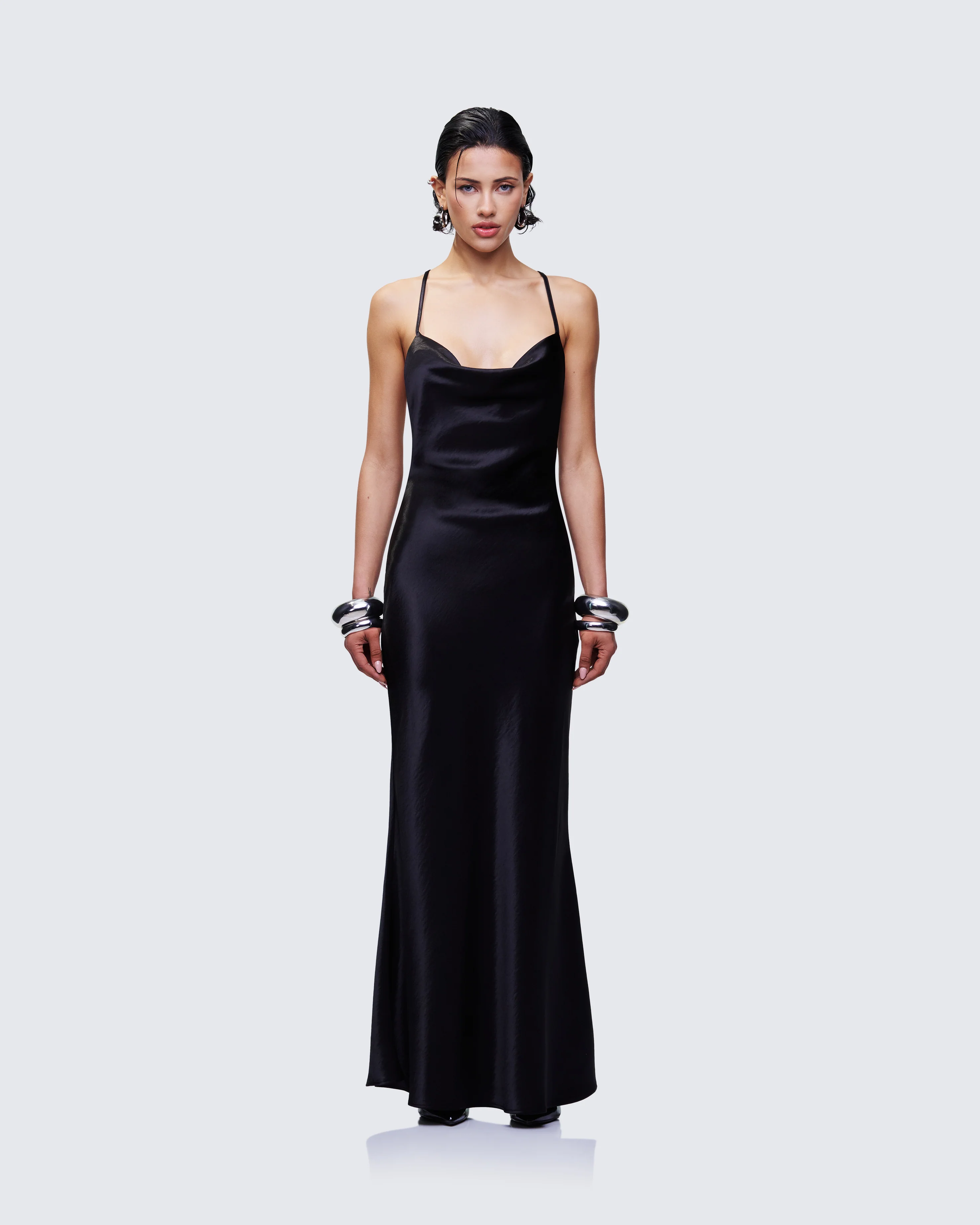 Elspeth Black Satin Bias Slip Maxi Dress