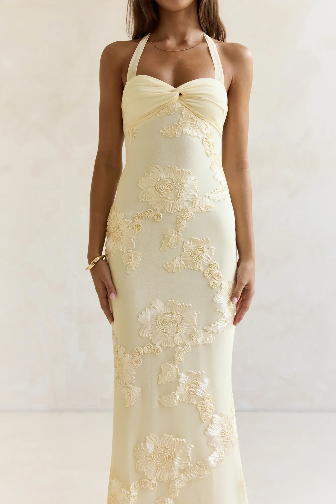 Skybloom Mesh Halter Maxi Dress Yellow - luluinthesky