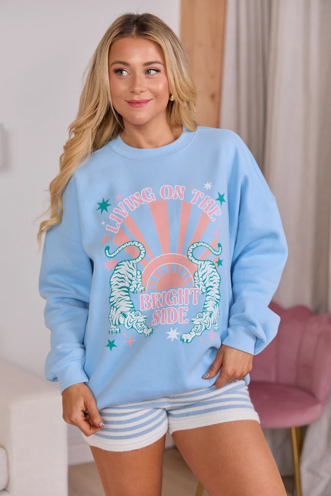 Living On The Bright Side Light Blue Graphic Sweatshirt