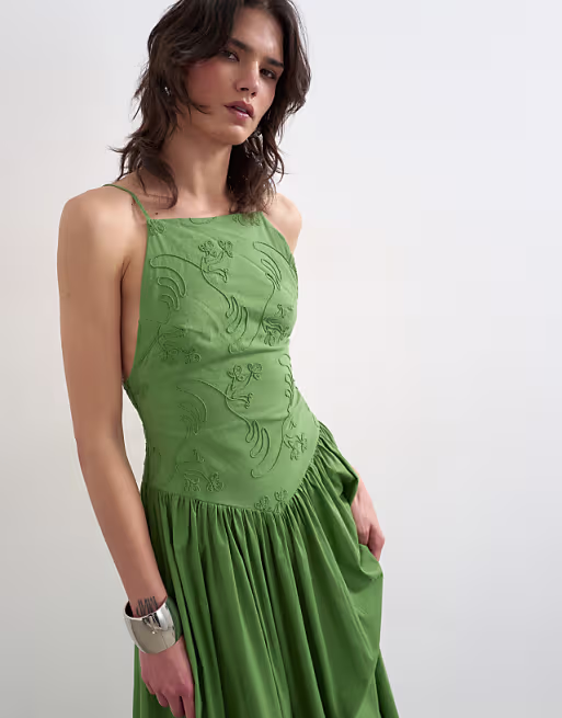 Topshop deep v-back strappy midaxi sundress with cording in green