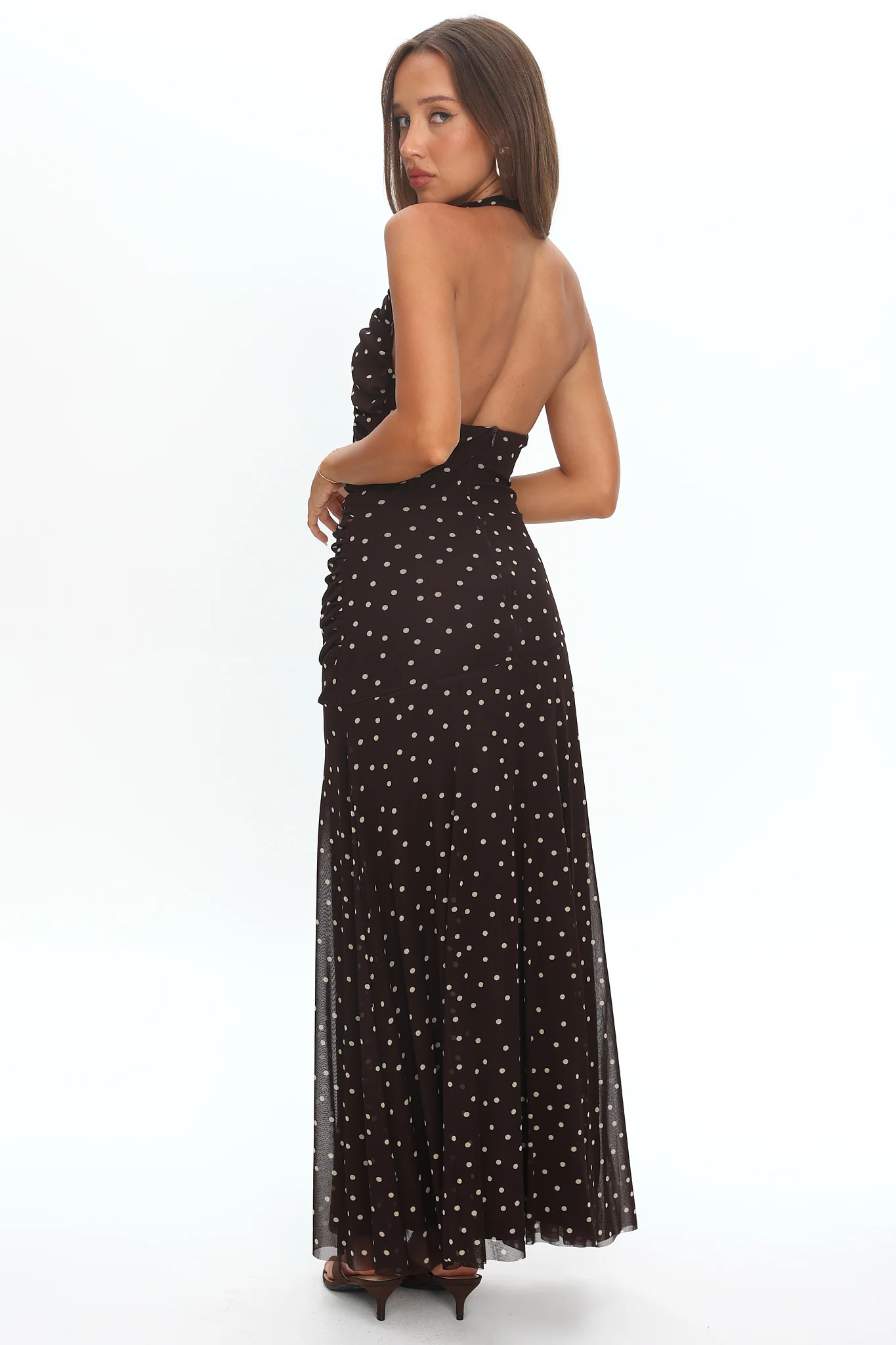 She's The Moment Plunging Halter Maxi Dress Polka Dot Brown