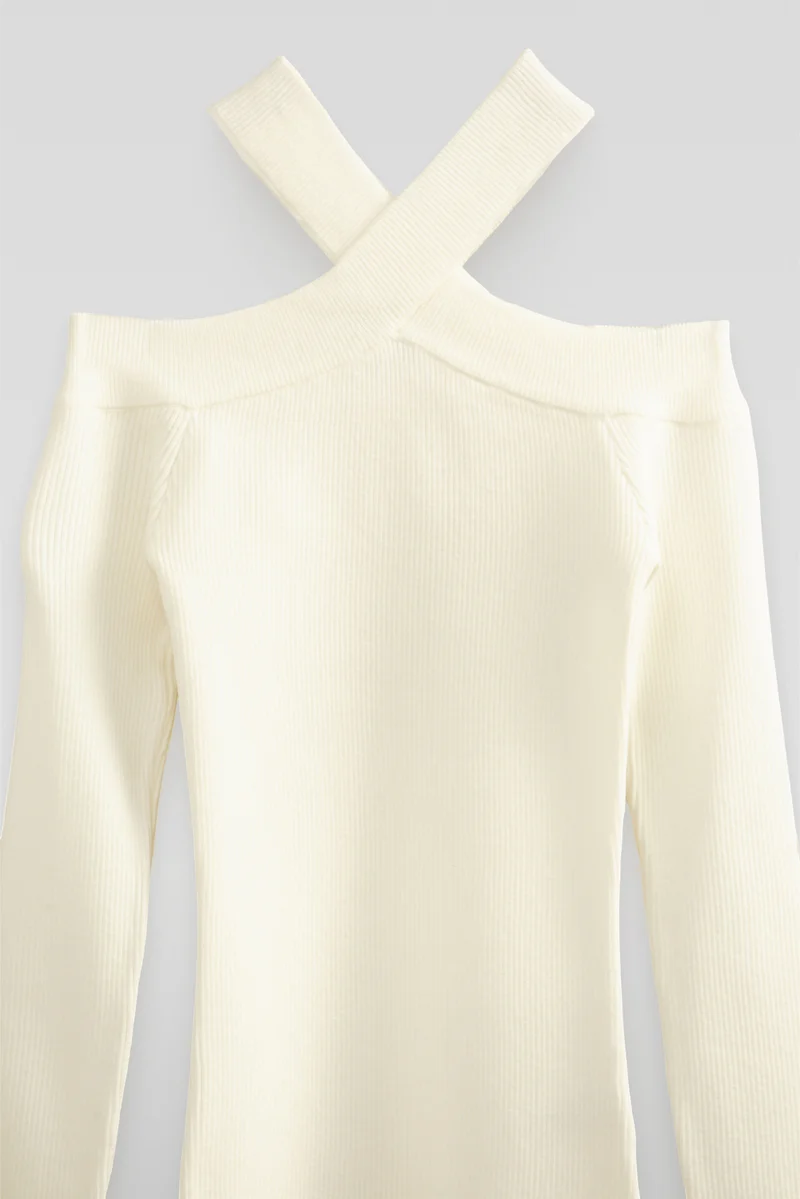 Ribbed Off-The-Shoulder Halter Sweater-Knit Top