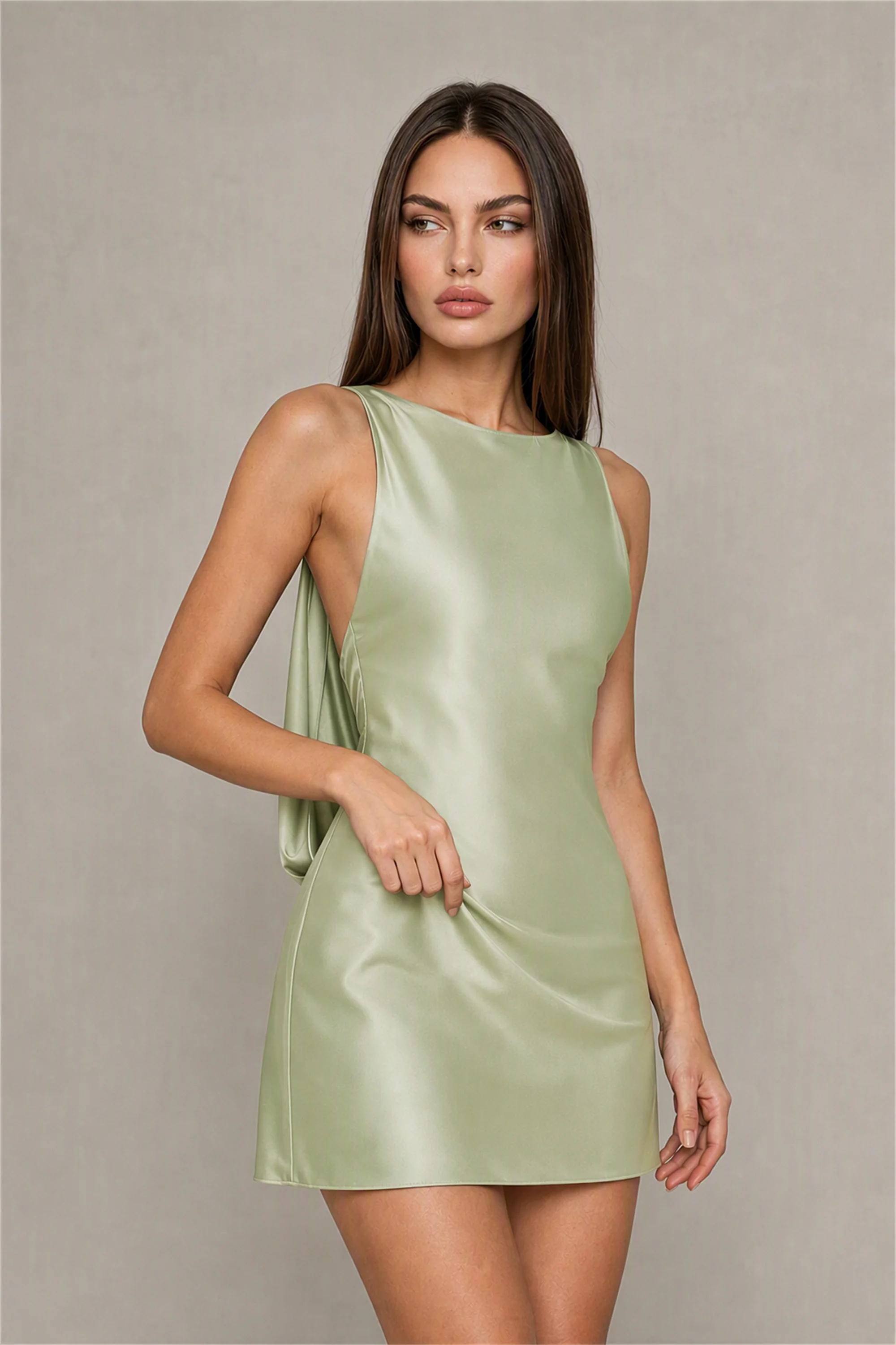 BOLODOO Sage Green Satin Bateau Neck Cowl Open Back Pearl Chain Mini Dress | Cocktail Party Date Night Dress