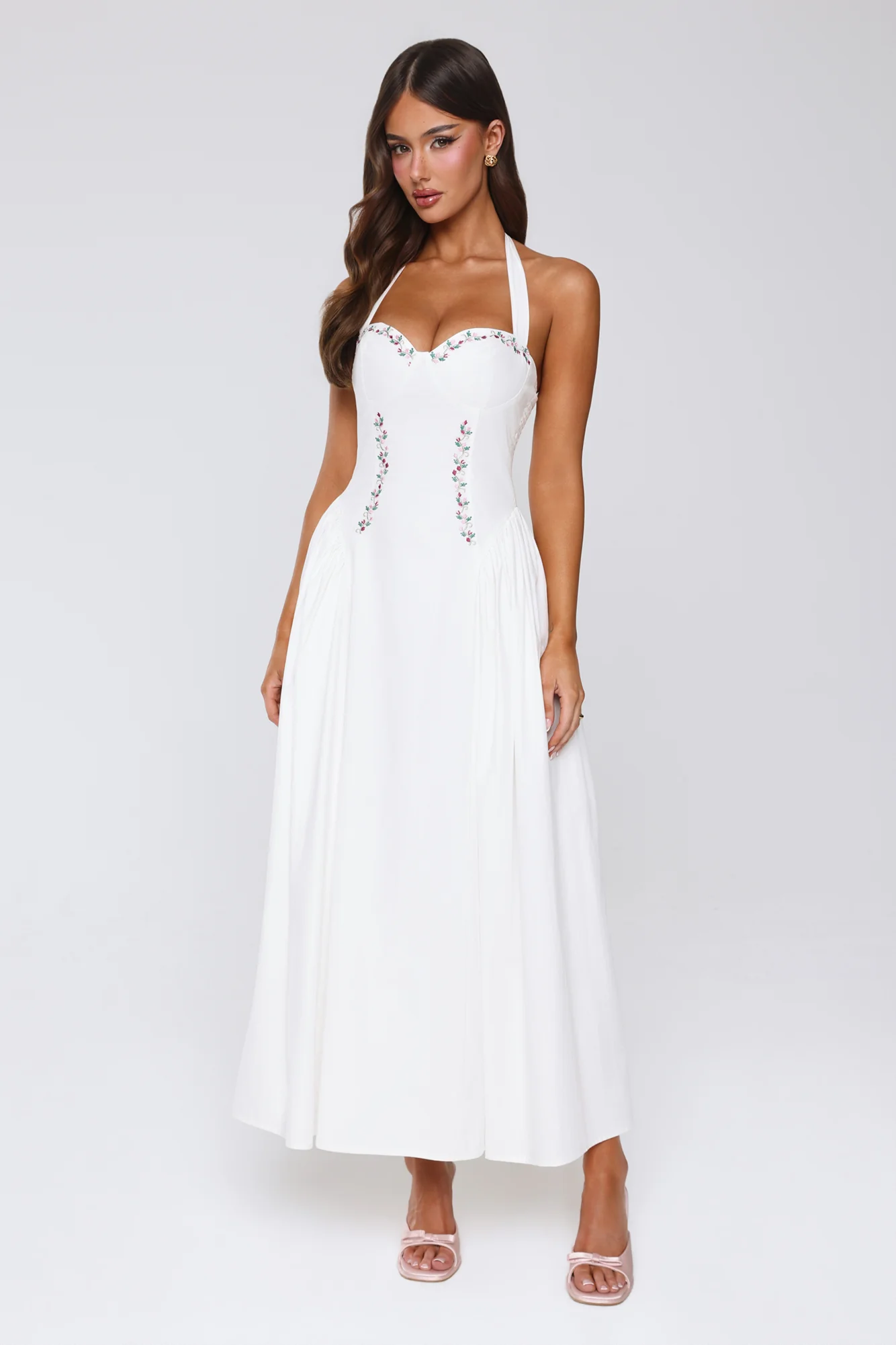 Vintage Fleur Halter Maxi Dress White