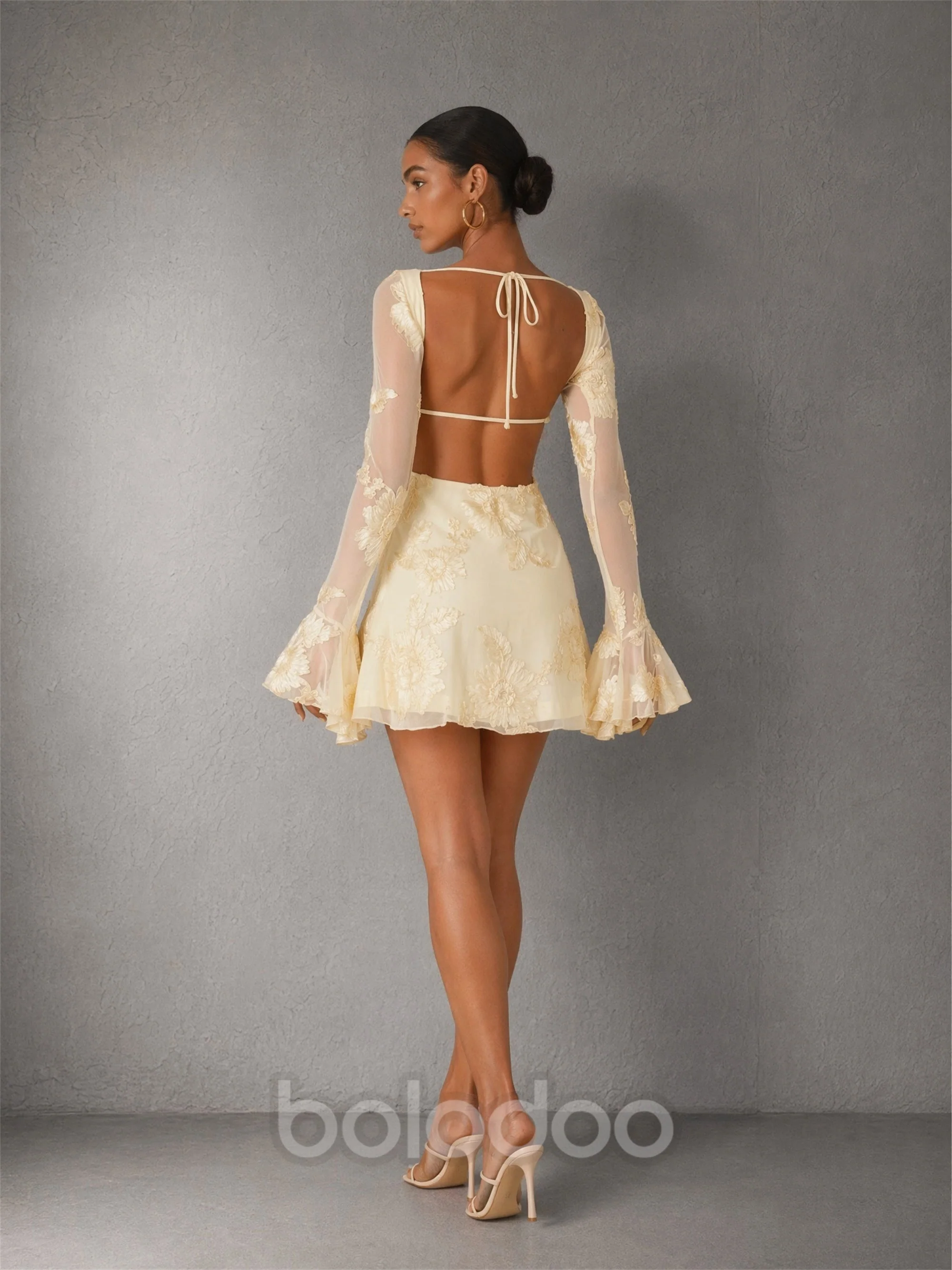 BOLODOO Cream Long Sleeve 3D Floral Embroidery Mini Dress – Bell Sleeve Open Back Lace Mesh Cocktail Dress