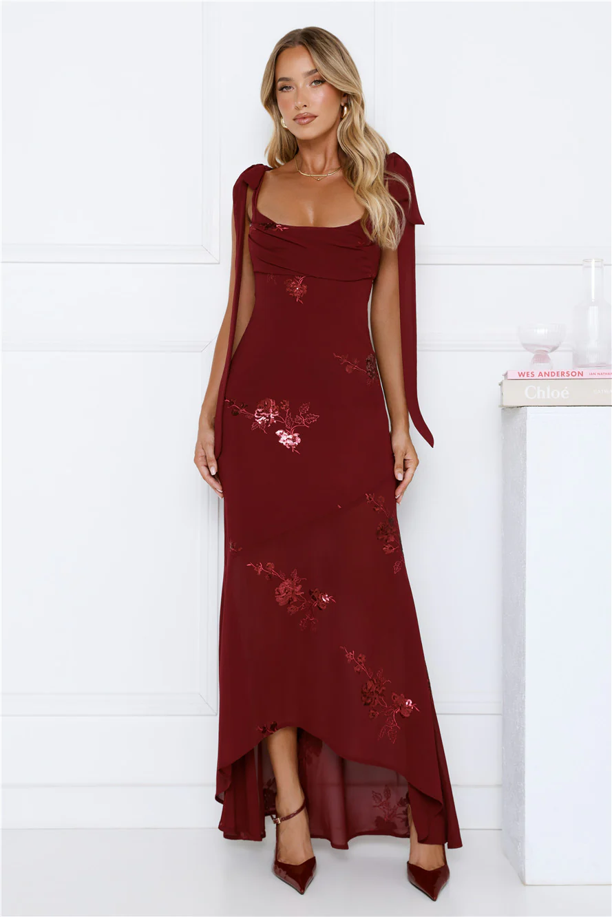 Flirty Sequin Embroidered High-Low Maxi Dress Maroon