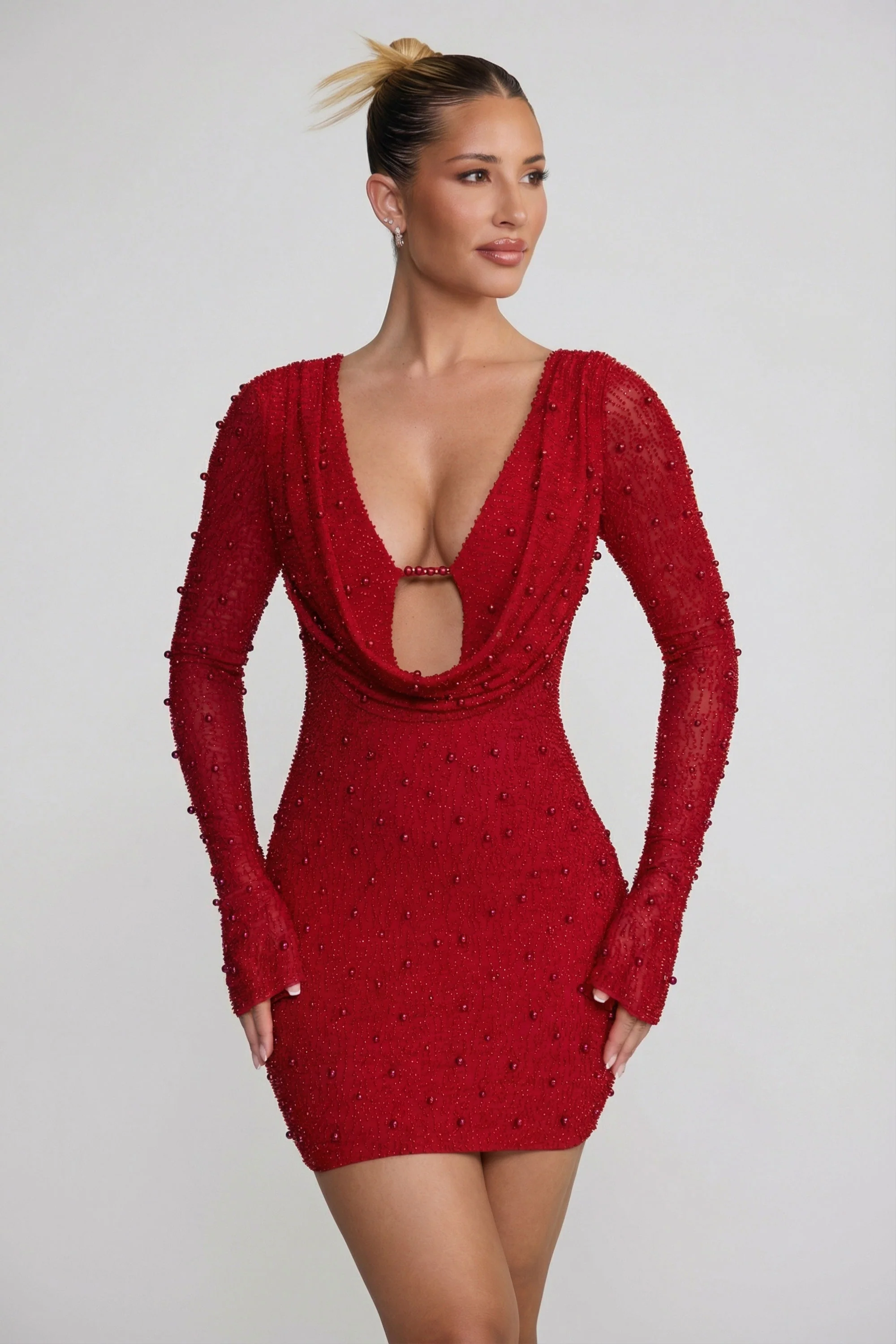 Long Sleeve Deep Plunge Mini Dress in Red