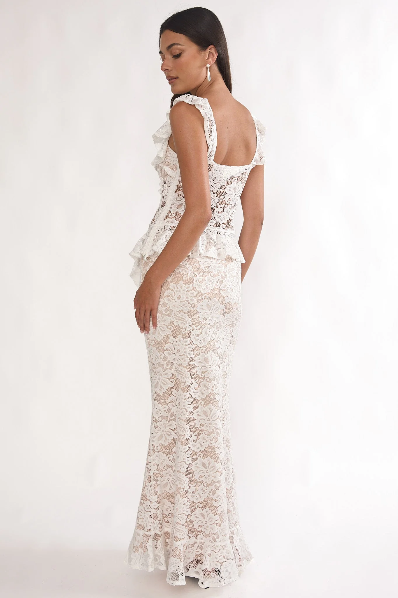 Kelina Ruffle Hem Lace Maxi Skirt White